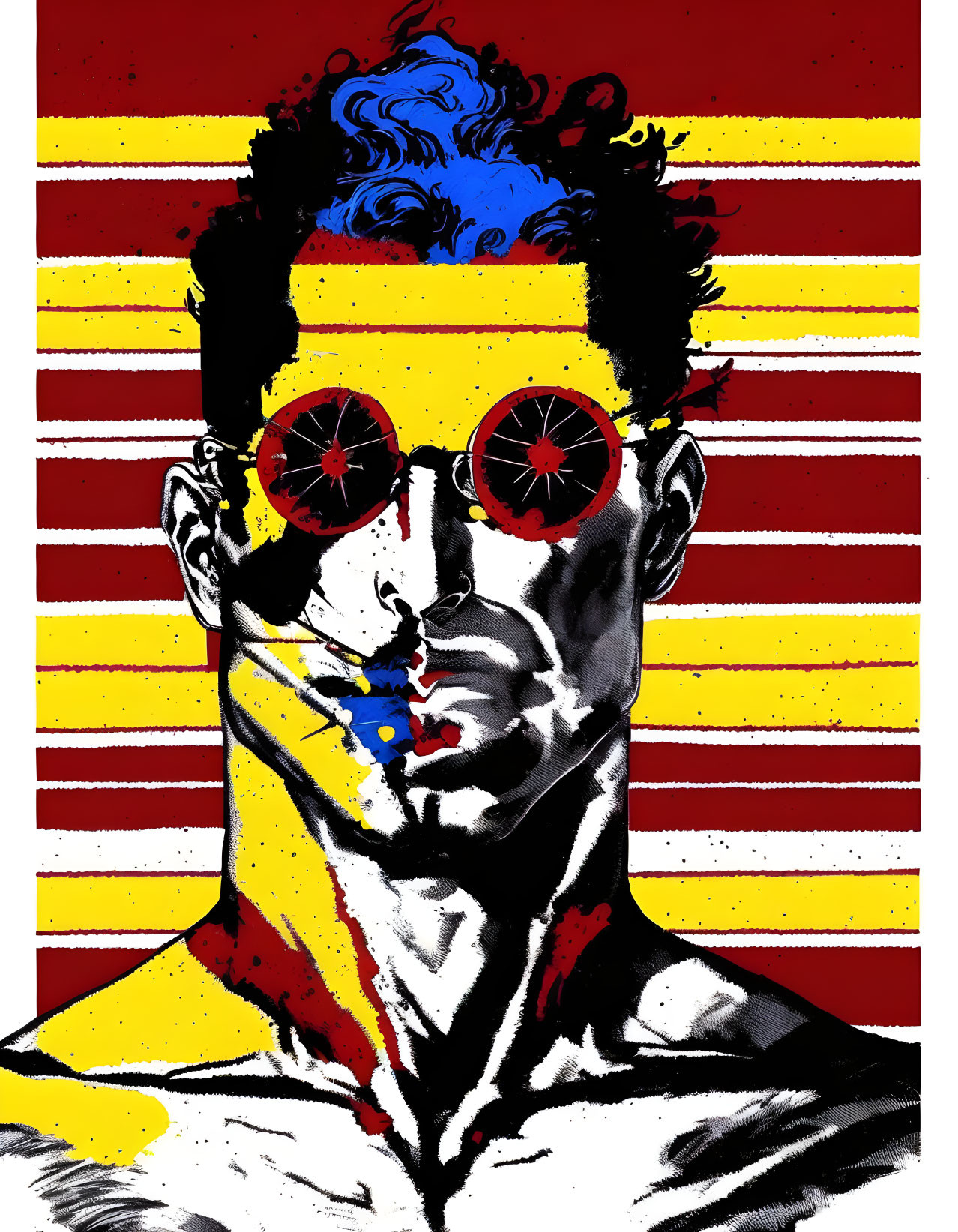 Stylized male face with blue curly hair and red glasses on striped background