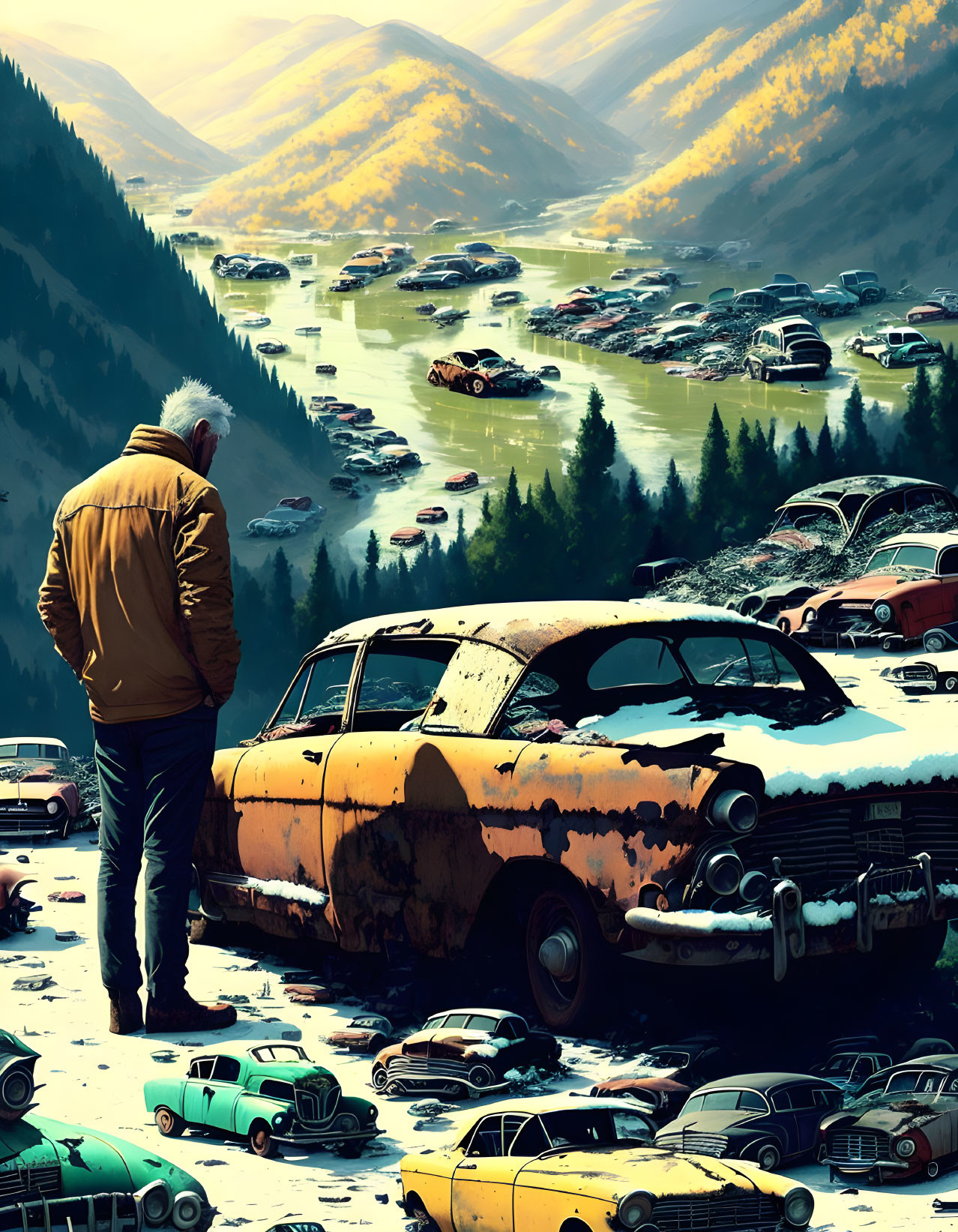 Person near rusty car in valley of abandoned vehicles among forested hills