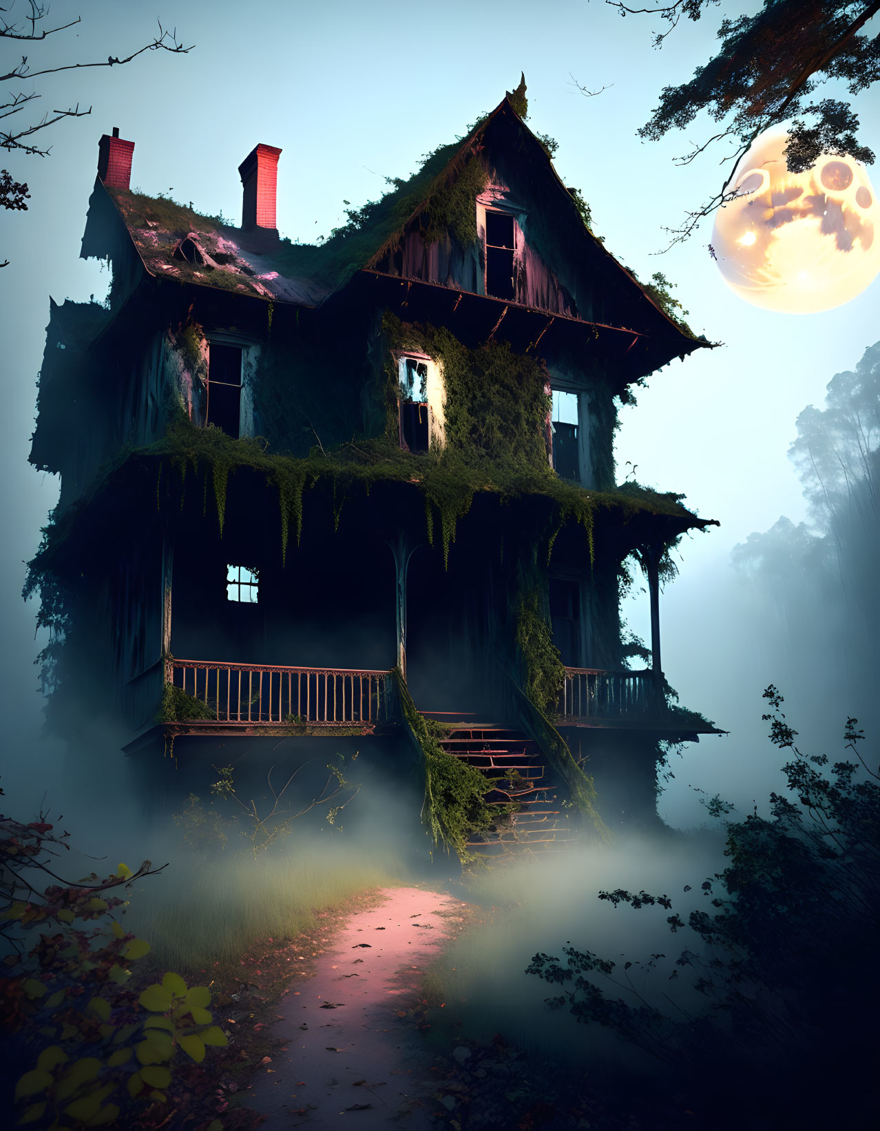 Abandoned house in misty forest at twilight with glowing moon