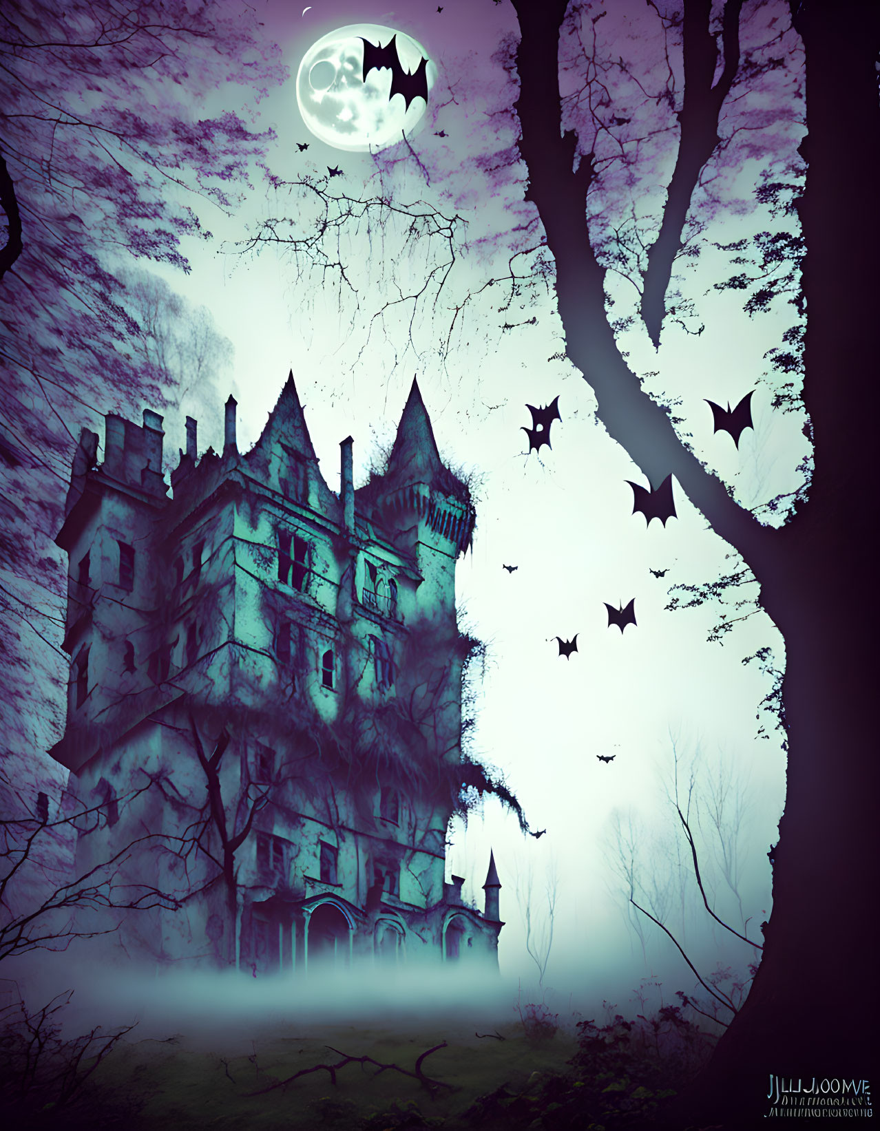 Spooky Gothic mansion with bats, tree, and full moon