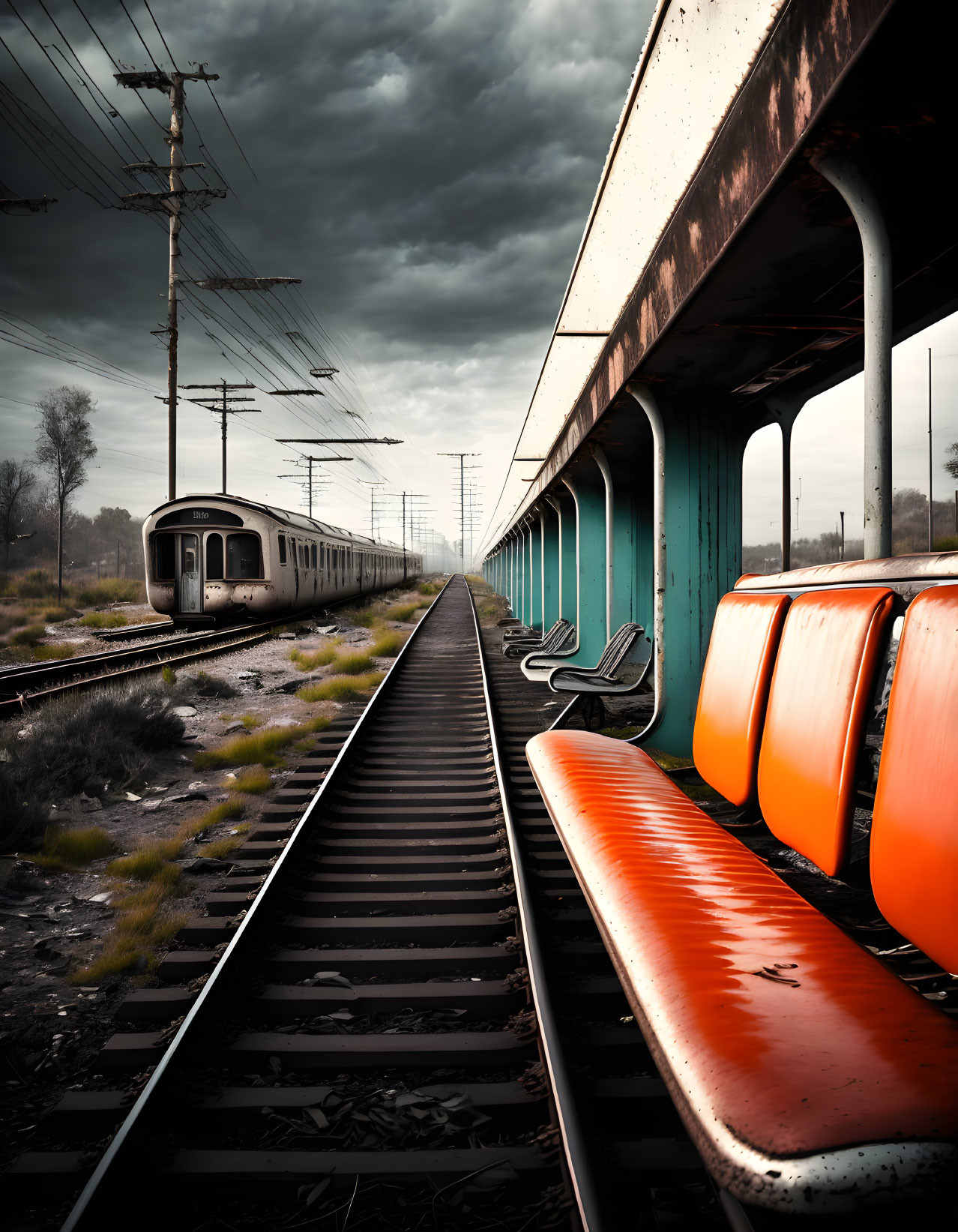 Empty train station with orange seats, departing train, and dark skies