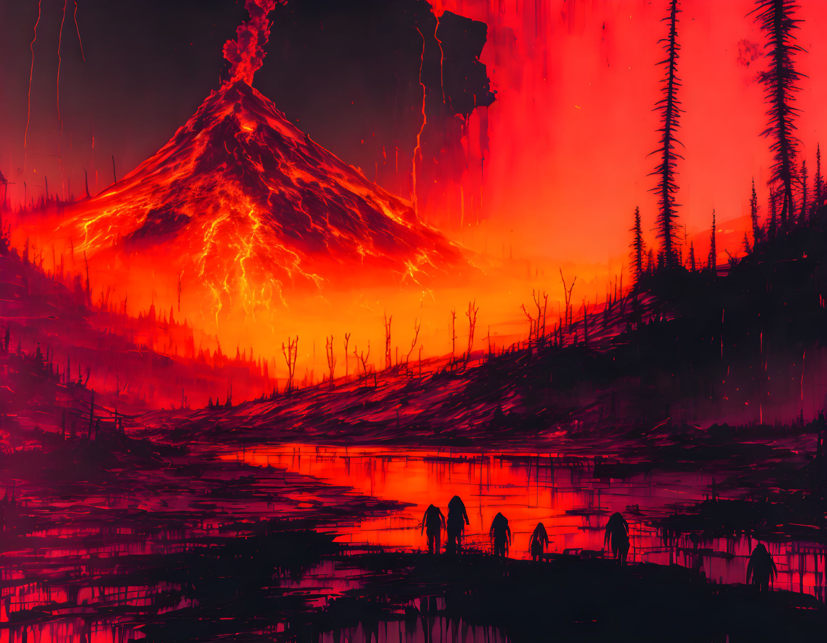 Apocalyptic landscape with erupting volcano and silhouetted figures