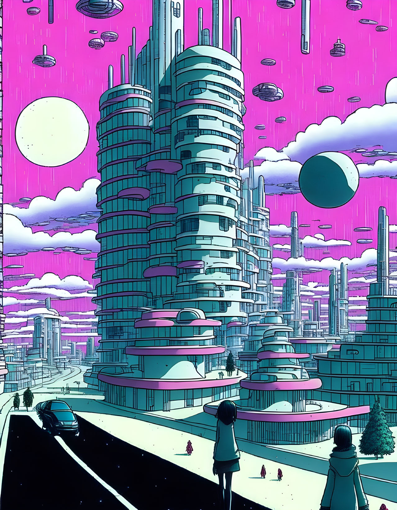 Futuristic cityscape with cylindrical buildings and people under pink sky