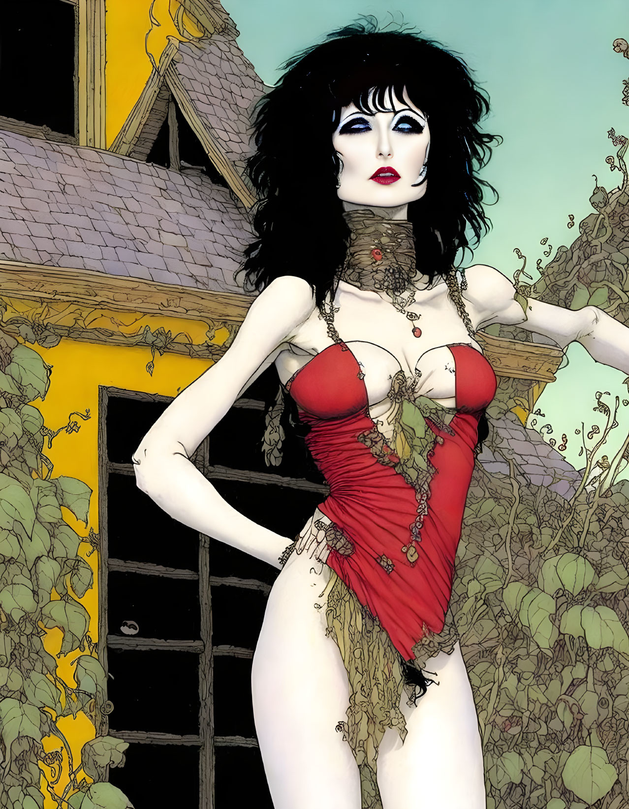 Fantasy woman in red costume near overgrown house