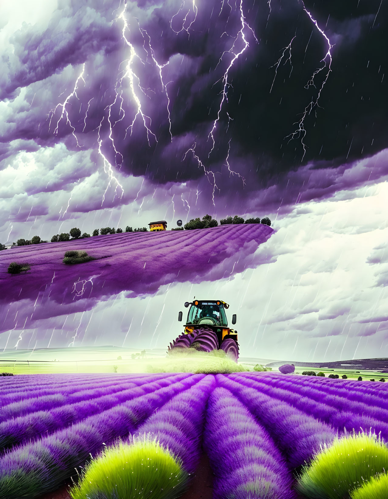 Lavender field with purple sky, lightning bolts, tractor, and bus.