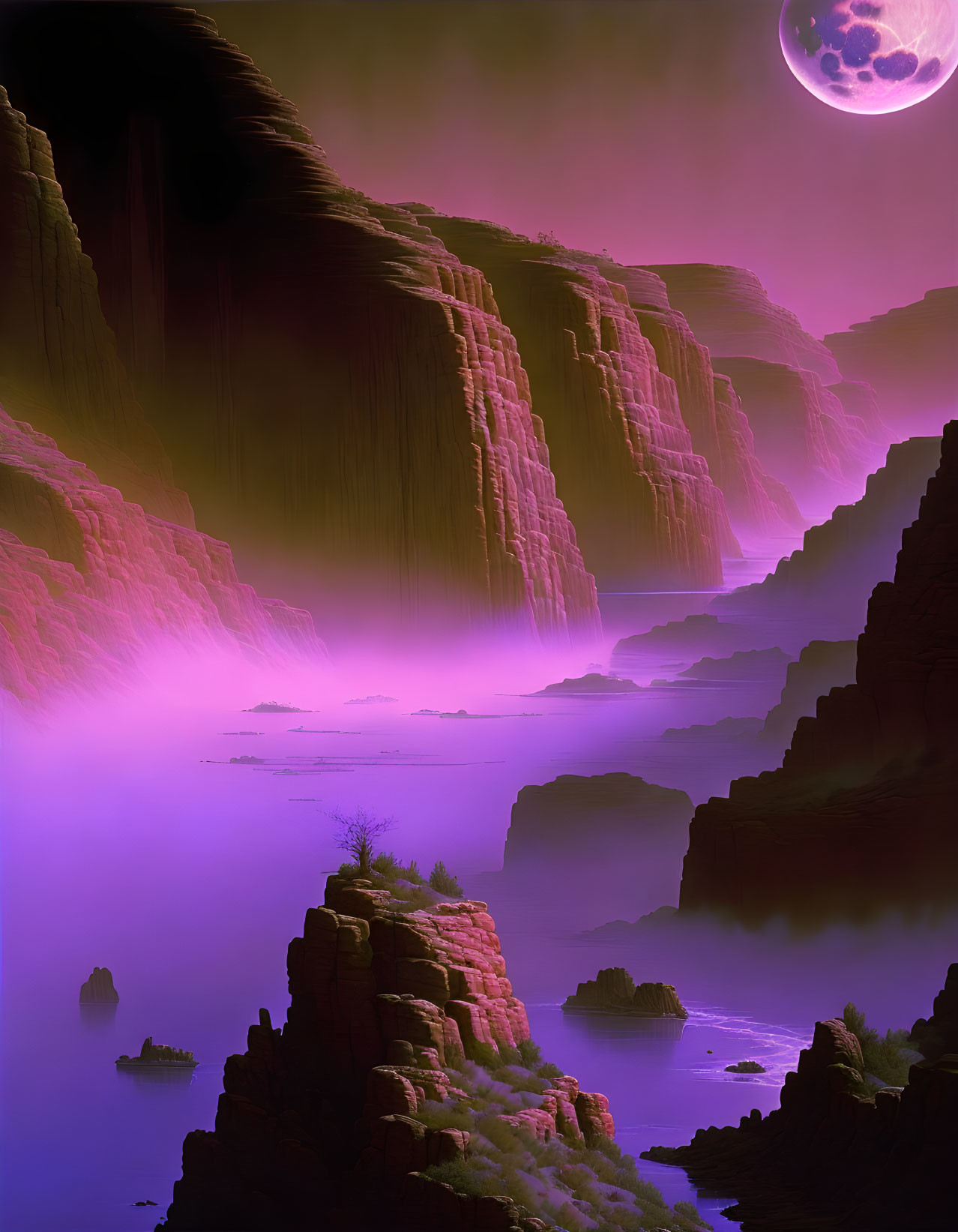 Surreal purple landscape with misty water, towering cliffs, and large moon