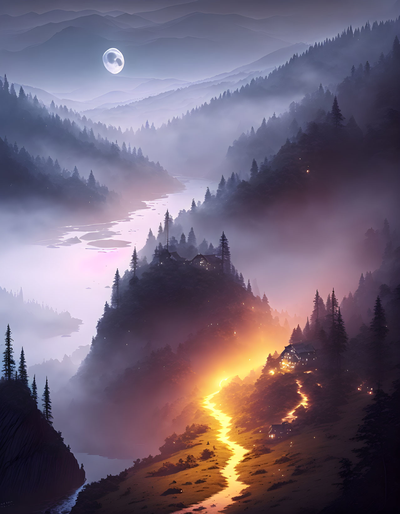 Tranquil Night Landscape with Glowing Village and Moonlit River