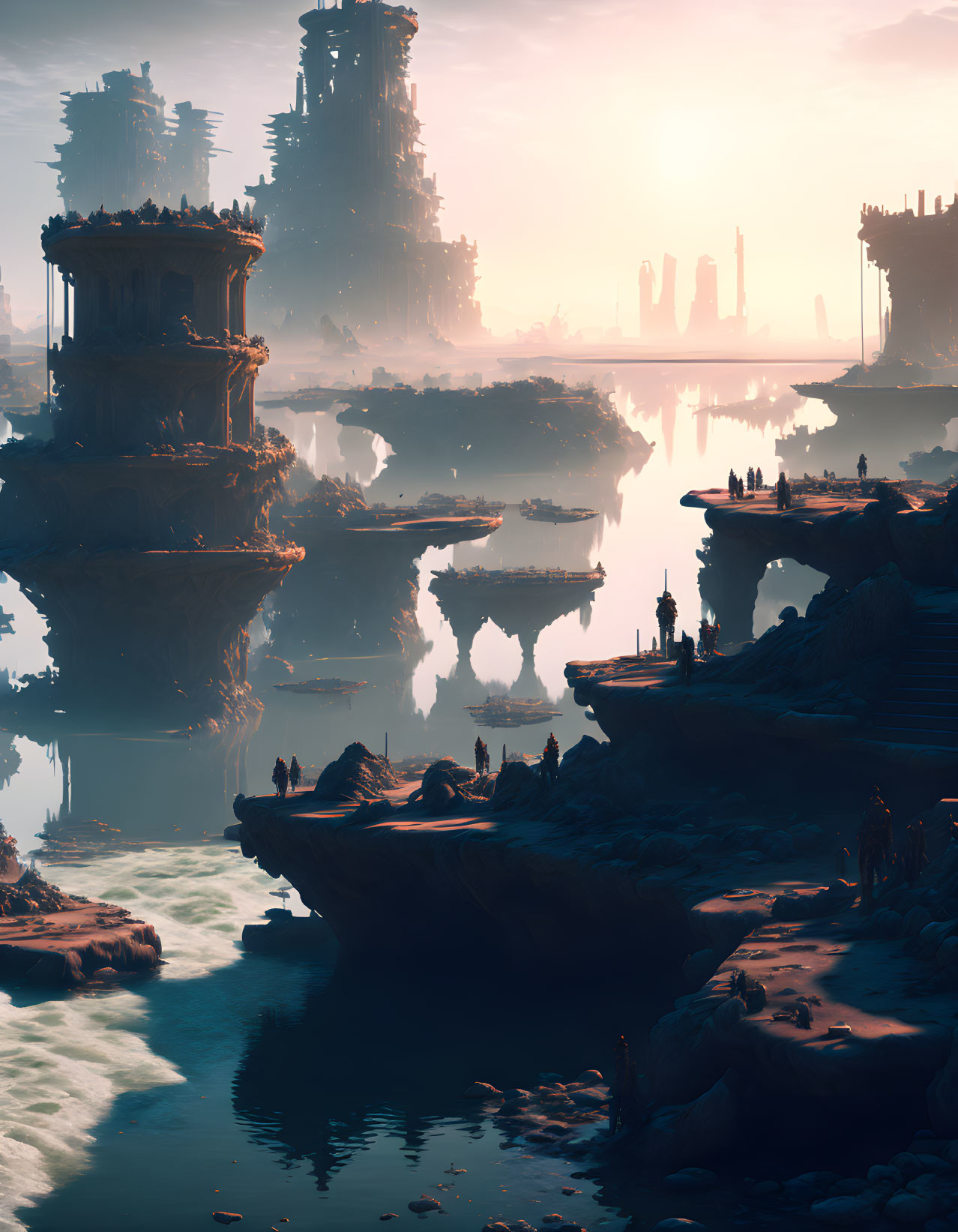 Sci-fi landscape with towering structures and floating islands