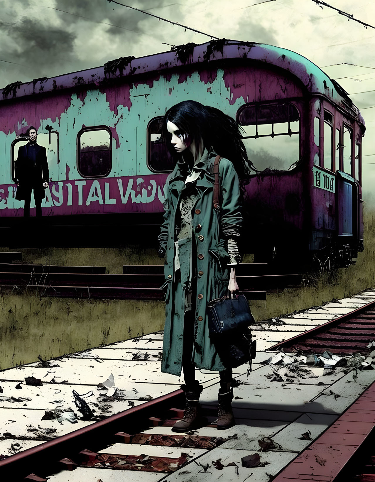 Woman in green coat on railway track with ominous figure and graffiti-covered train car