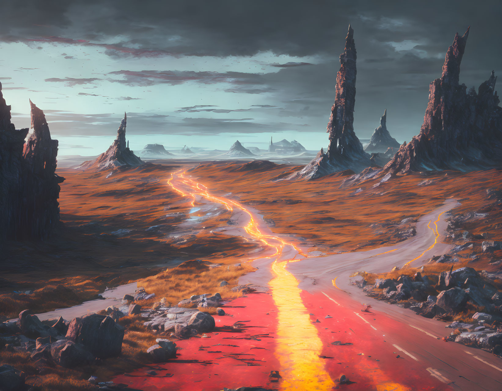 Dramatic landscape with lava river, road, and rock spires