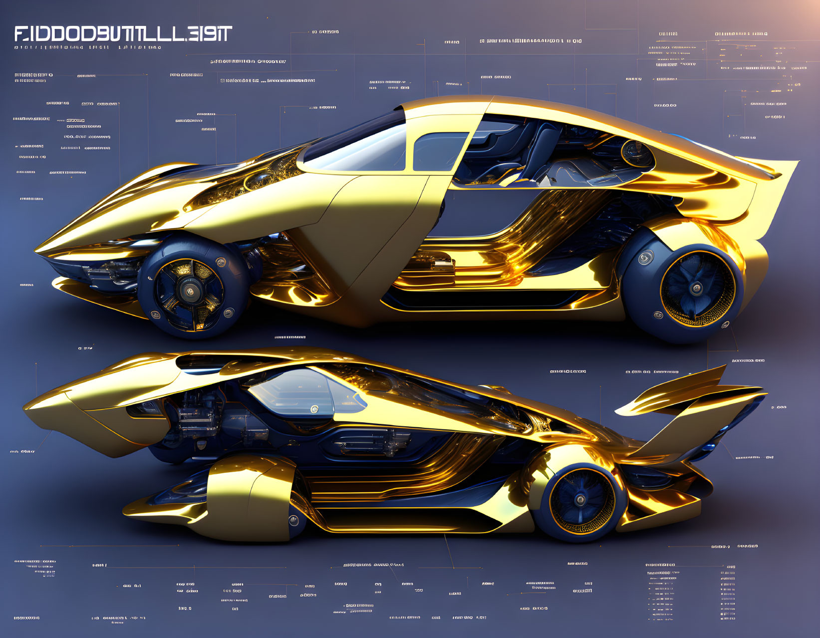 Golden futuristic concept car on blueprint-style background with annotations