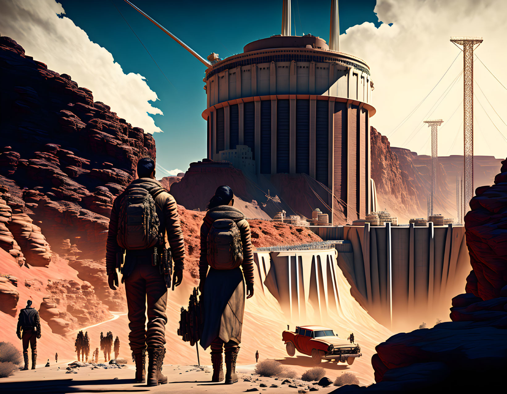 Desert landscape with figures, futuristic building, vintage car, and towers