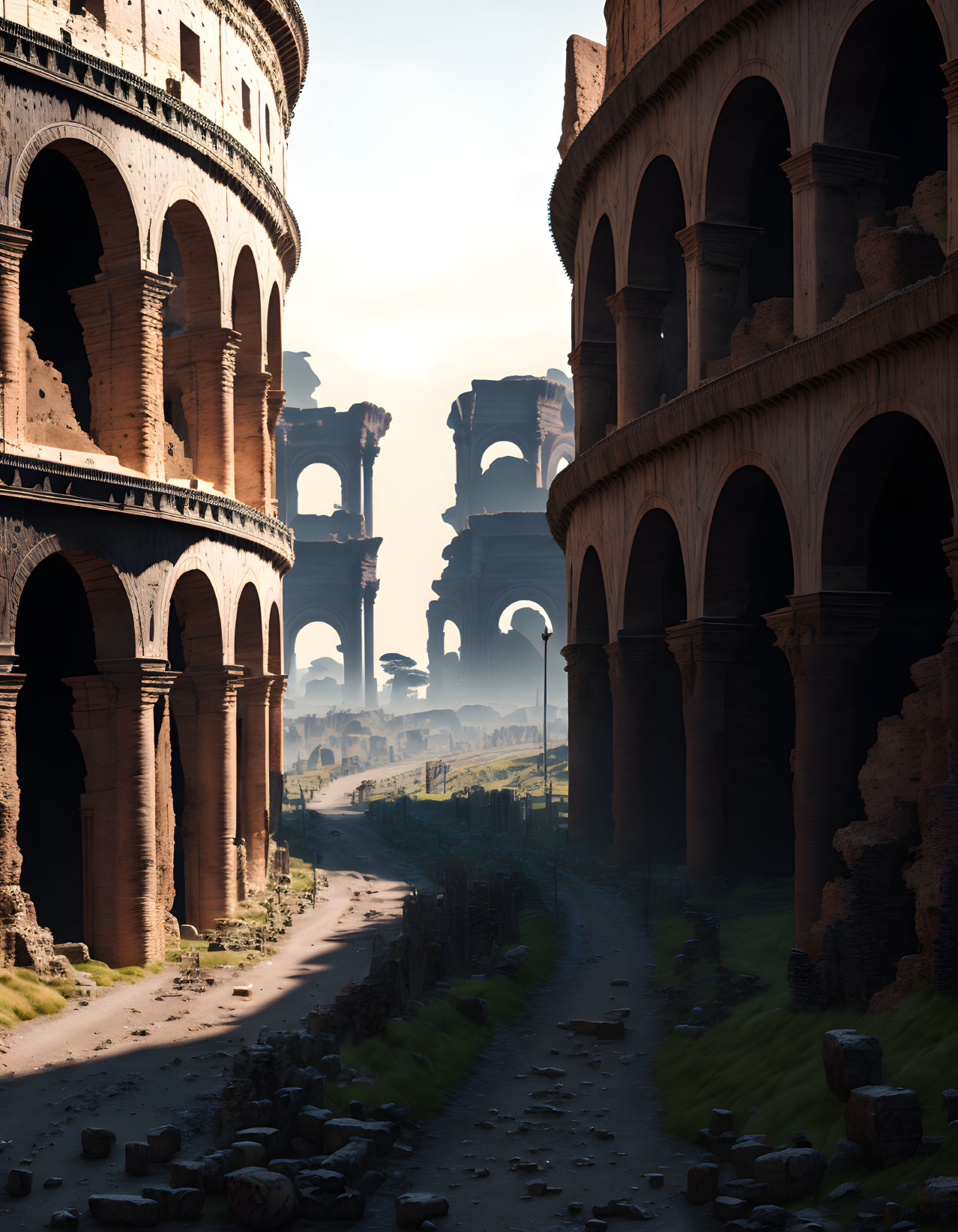 Digital Artwork: Futuristic Colosseum with Overgrown Vegetation