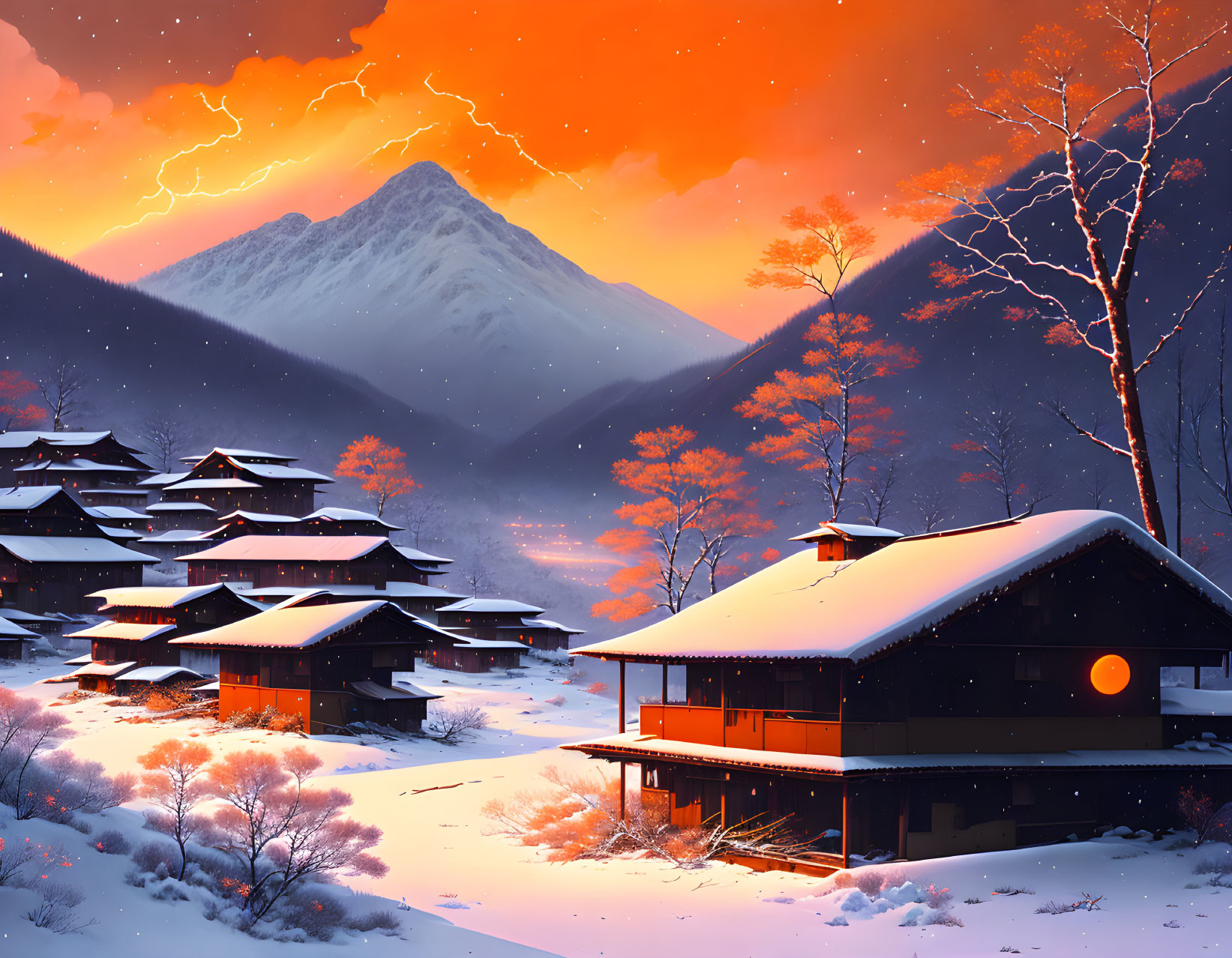 Snowy village with traditional houses under fiery sky and lightning, mountain backdrop