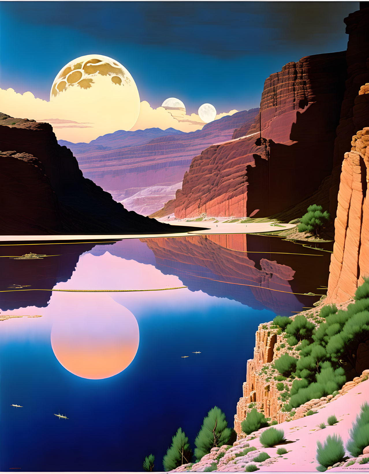 Vibrant canyon landscape with large moons, reflective water, warm and cool tones