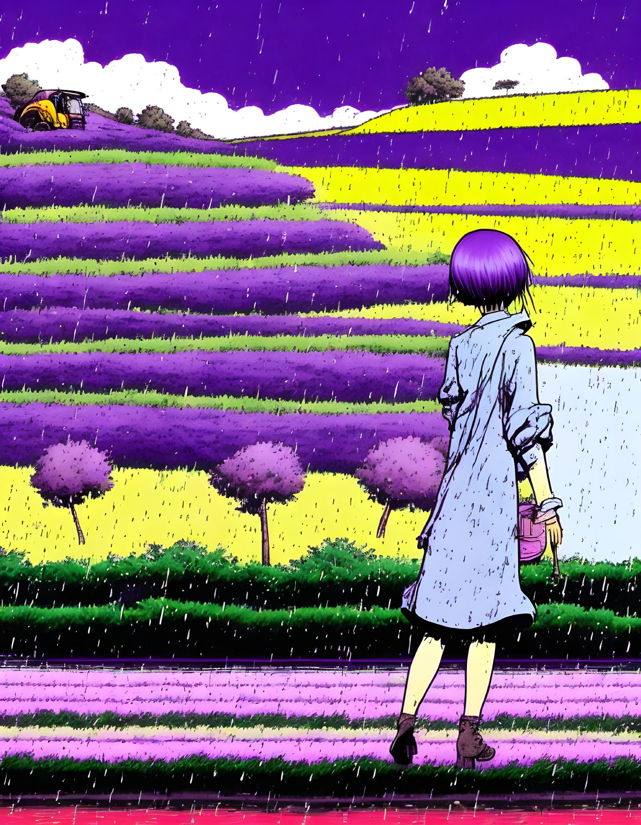 Stylized image: Girl with purple hair in colorful terraced fields