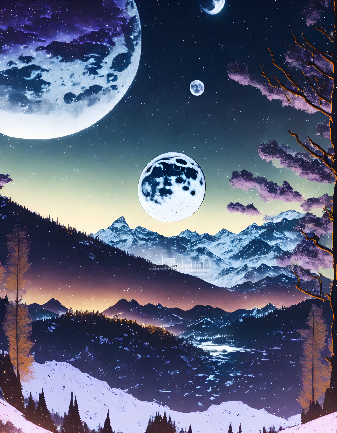 Fantastical landscape with oversized moons, starry sky, snow-capped mountains, and forest at