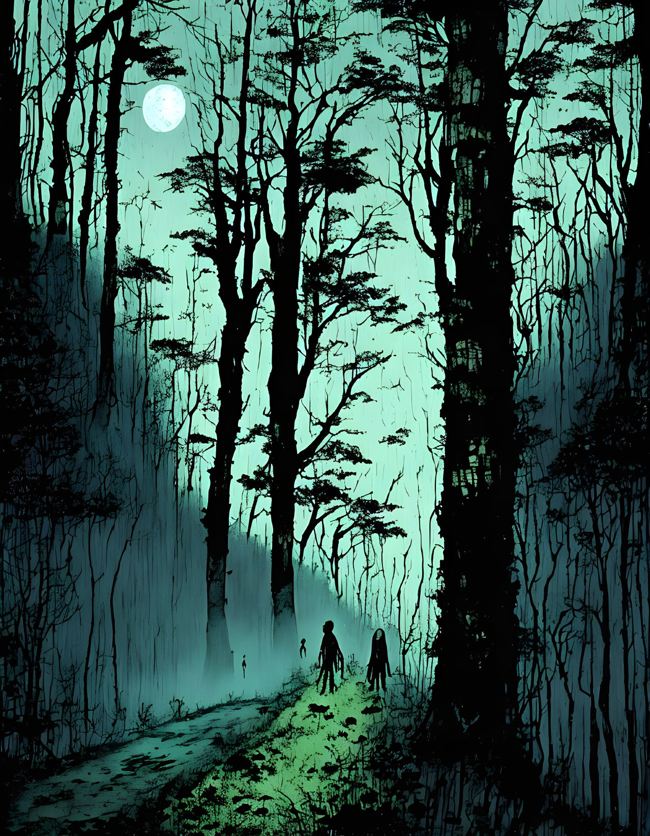 Moonlit forest with eerie silhouettes and misty shadows