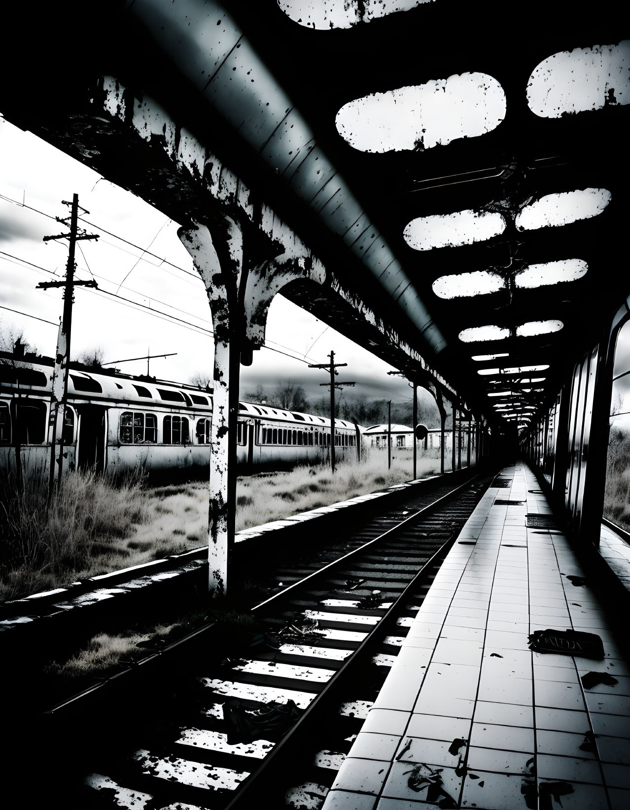 Monochrome image of old train station platform with passing train and gloomy skies