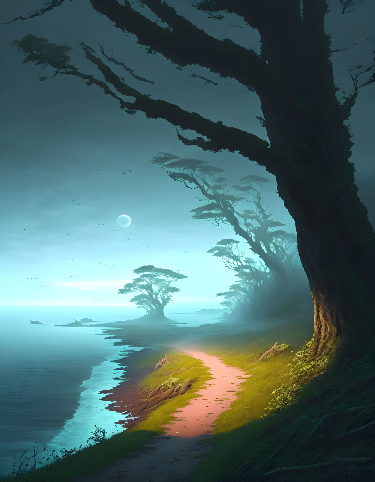 Twilight seascape with towering tree and moonlit path