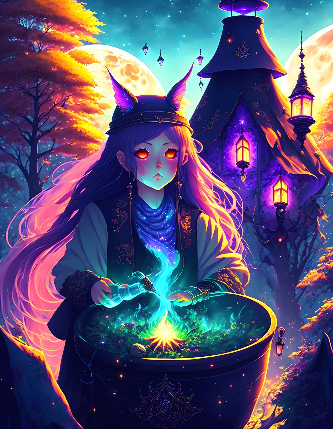 Anime-style character with fox-like ears brewing potion under twilight sky