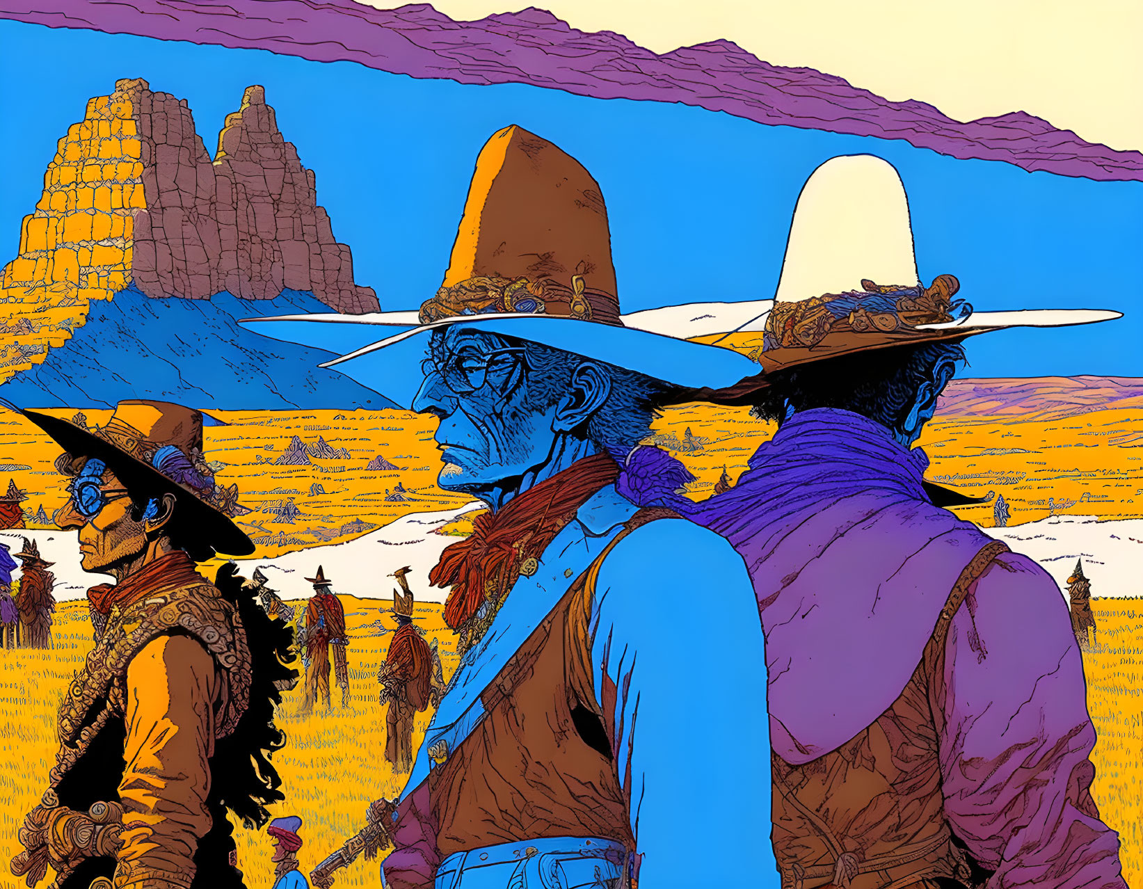 Colorful Desert Landscape with Stylized Cowboys and Horses