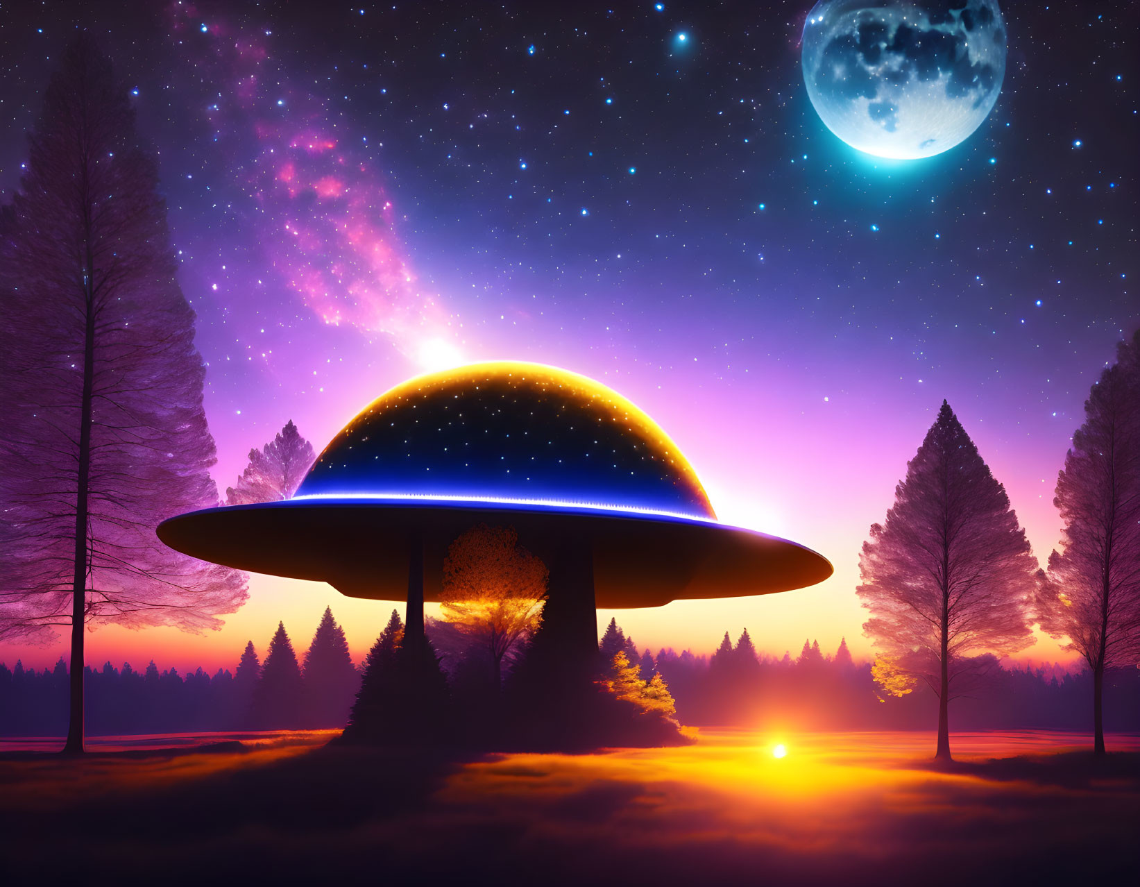 Night scene with UFO landing in forest under starry sky.