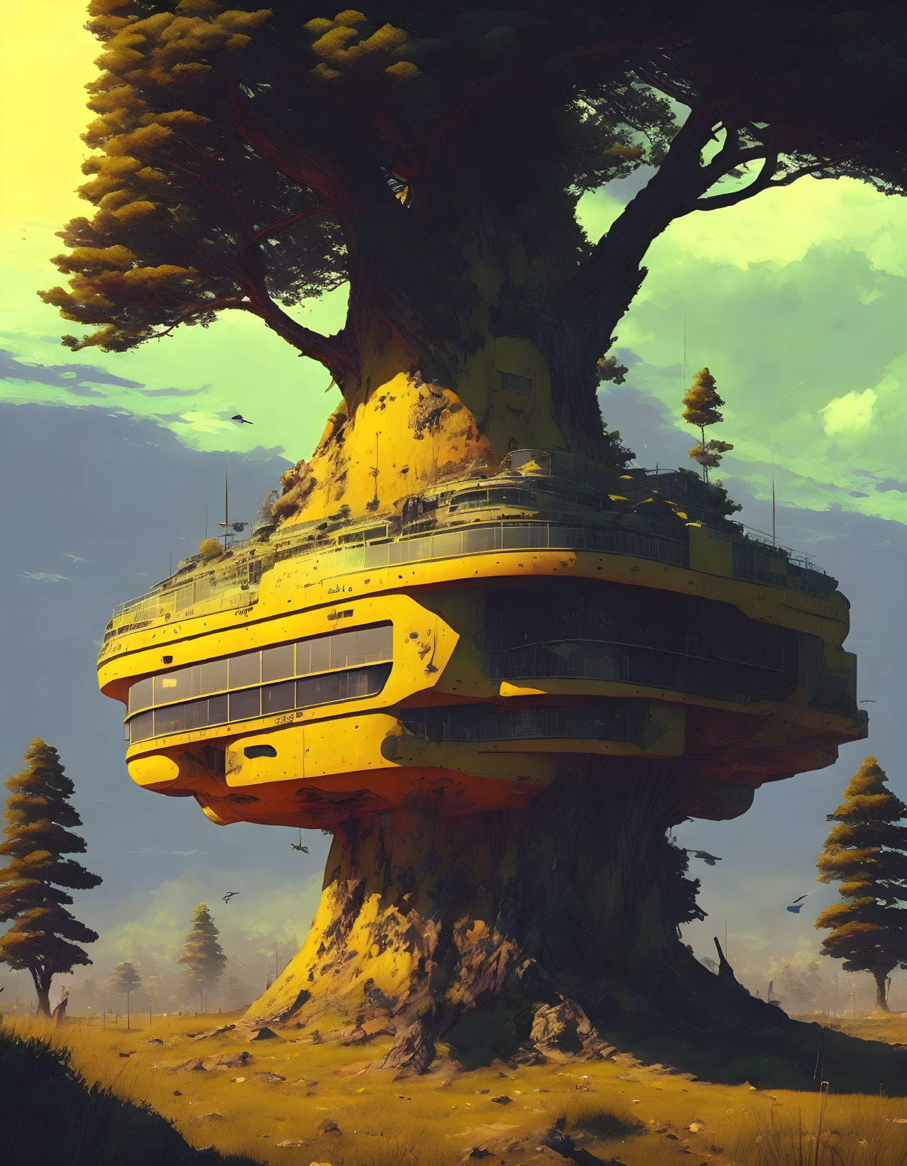 Yellow futuristic building blending with tree in misty forest.