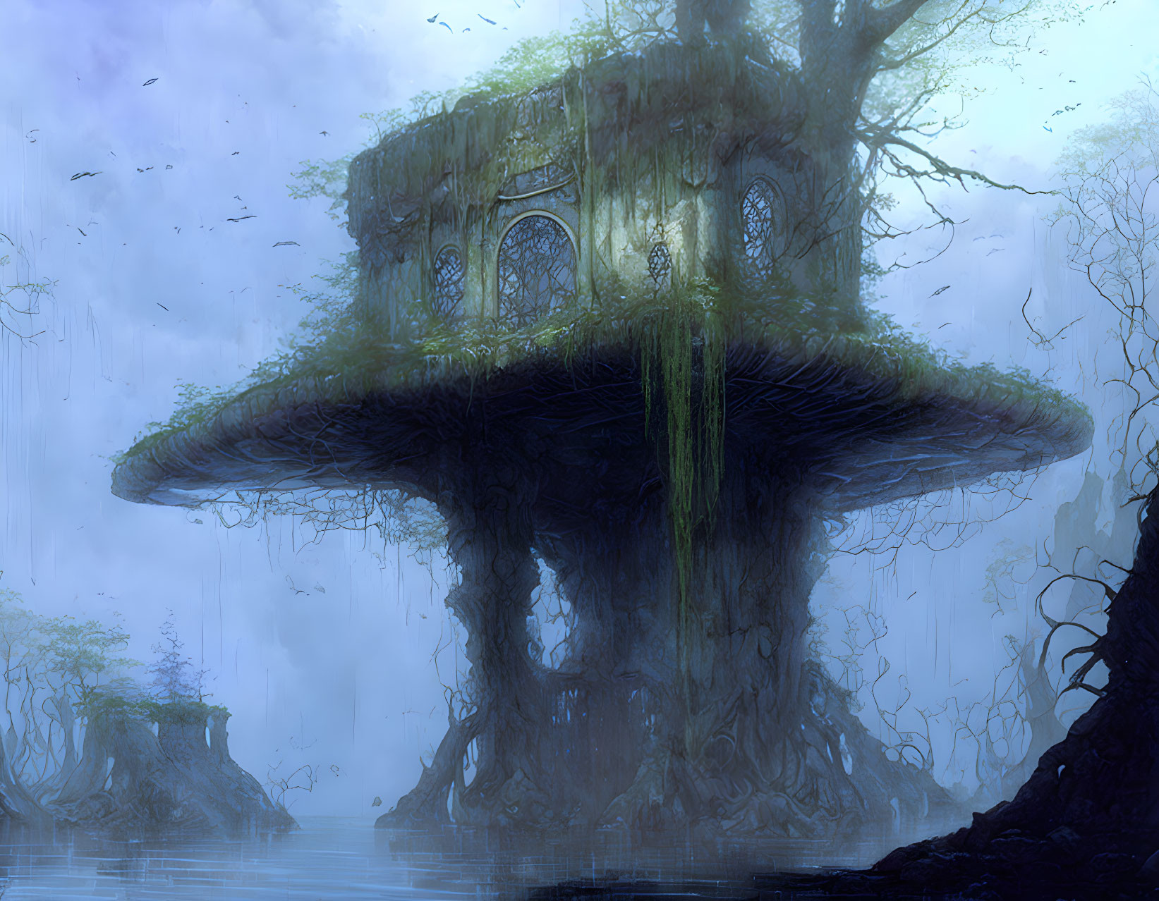 Ancient tree-like structure in mystical swamp with mist and twisted trees