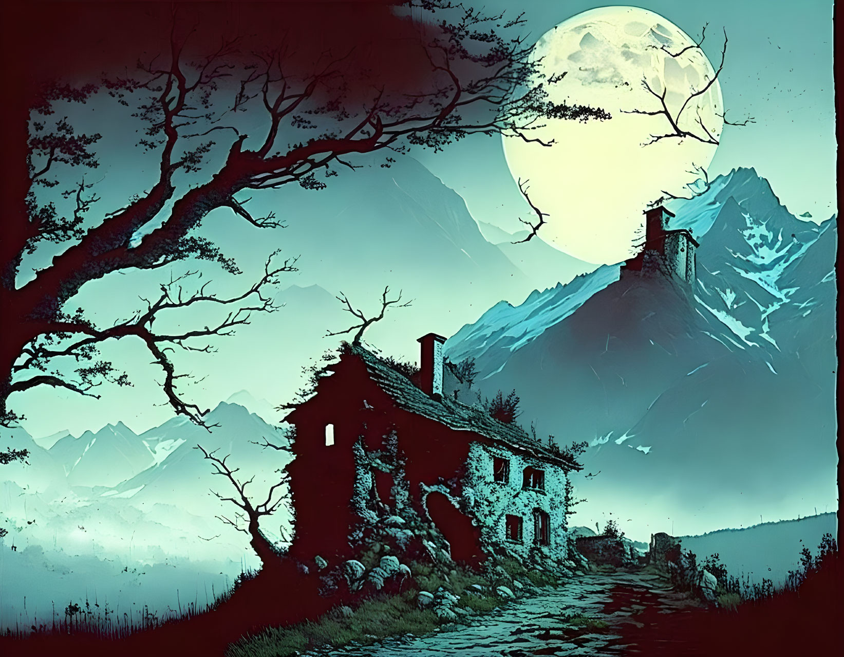 Eerie old house under full moon with misty mountains: Gothic scene