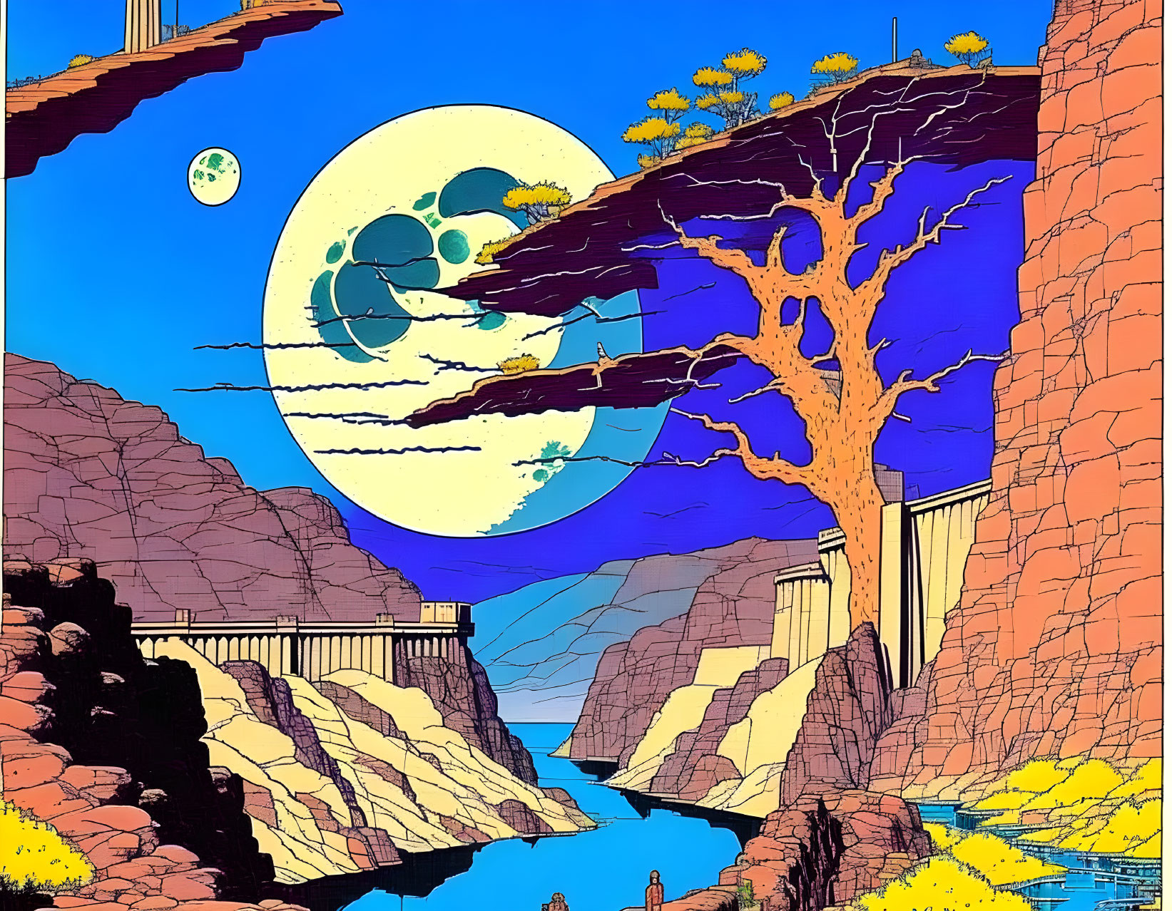 Illustration of vibrant canyon with tree, dams, surreal moon & clouds