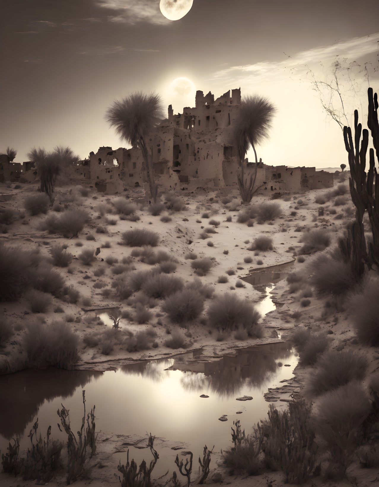 Sepia-Toned Image of Ancient Fortress with Moonlit Sky