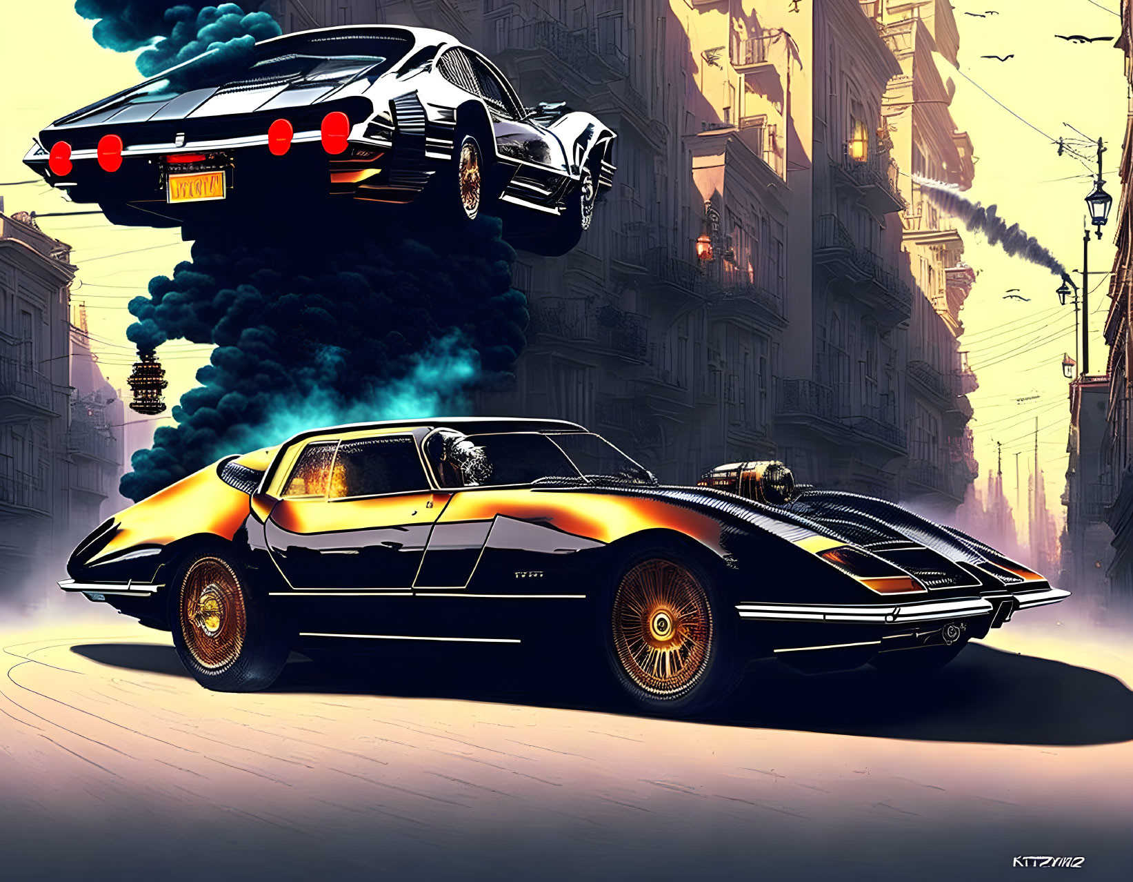 Illustration of two classic sports cars racing in vintage urban scene