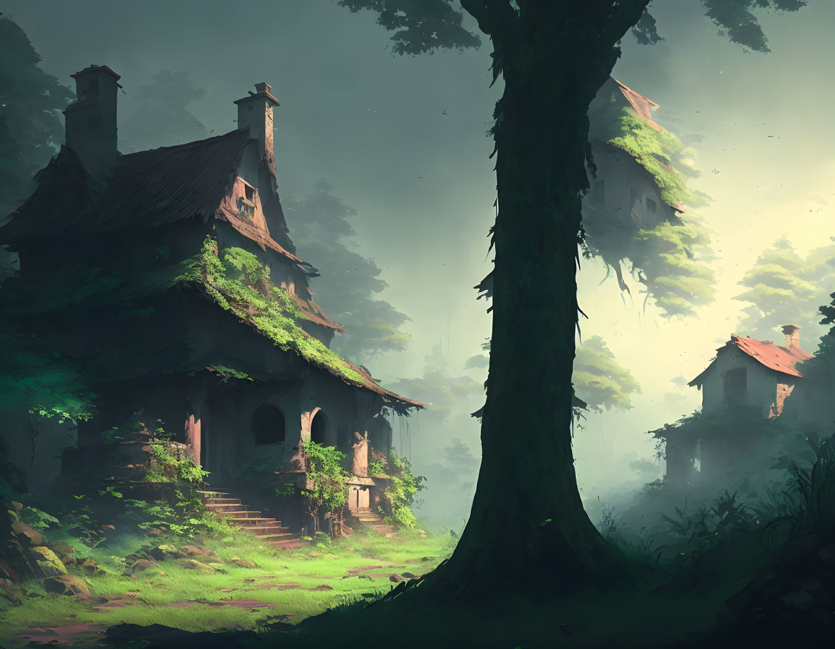 Enchanting Forest Scene: Two Cosy Cottages in Mist and Sunbeams