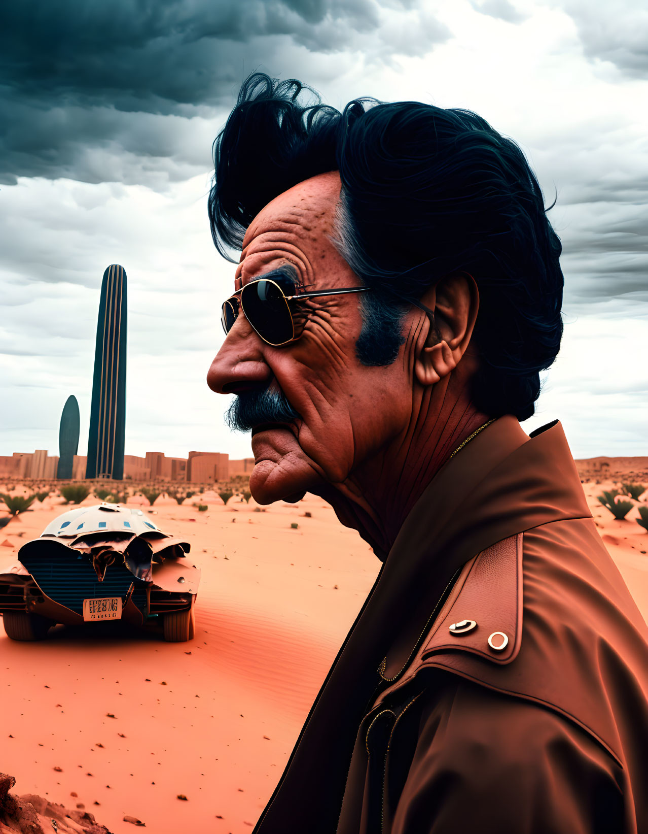 Stylized portrait of a man with aviator sunglasses, in desert setting