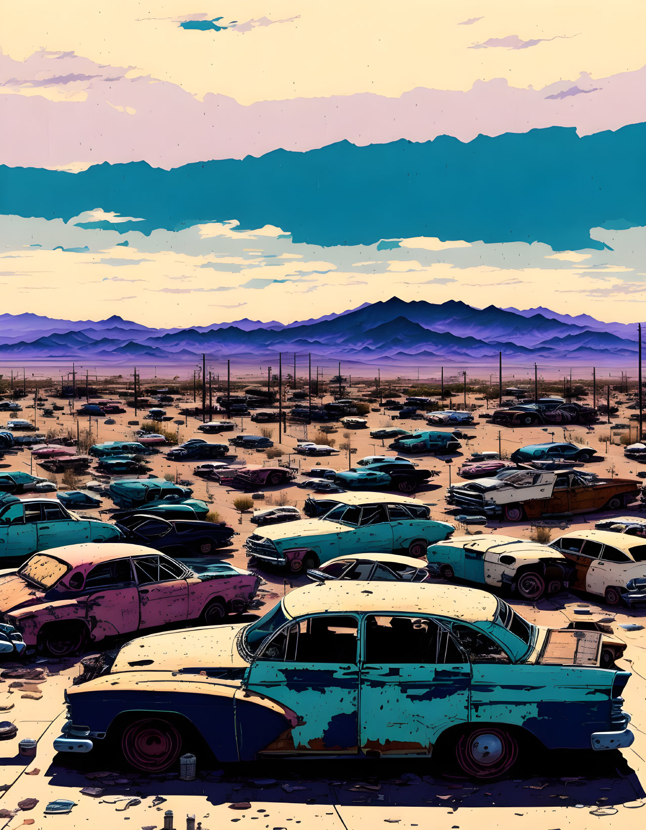 Vintage car illustration in colorful junkyard desert scene