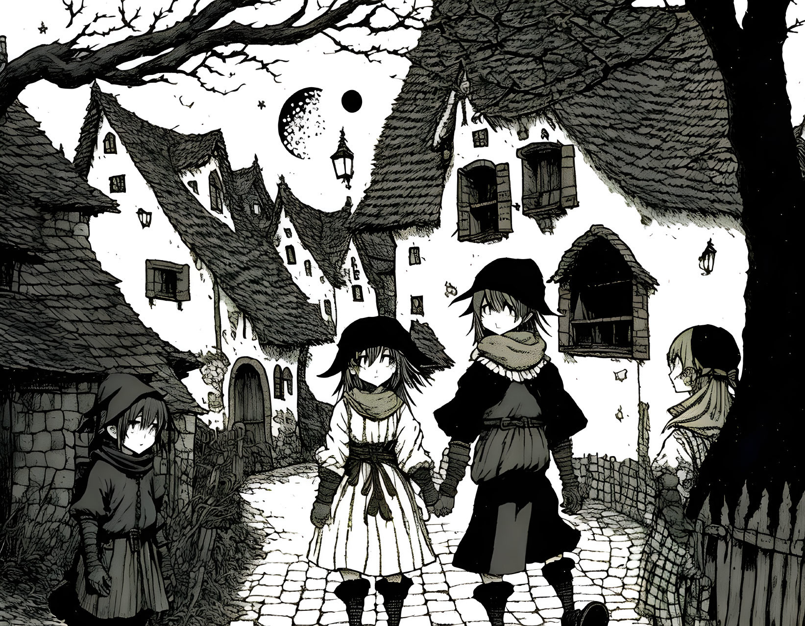 Monochrome illustration of children in village at night with crescent moon