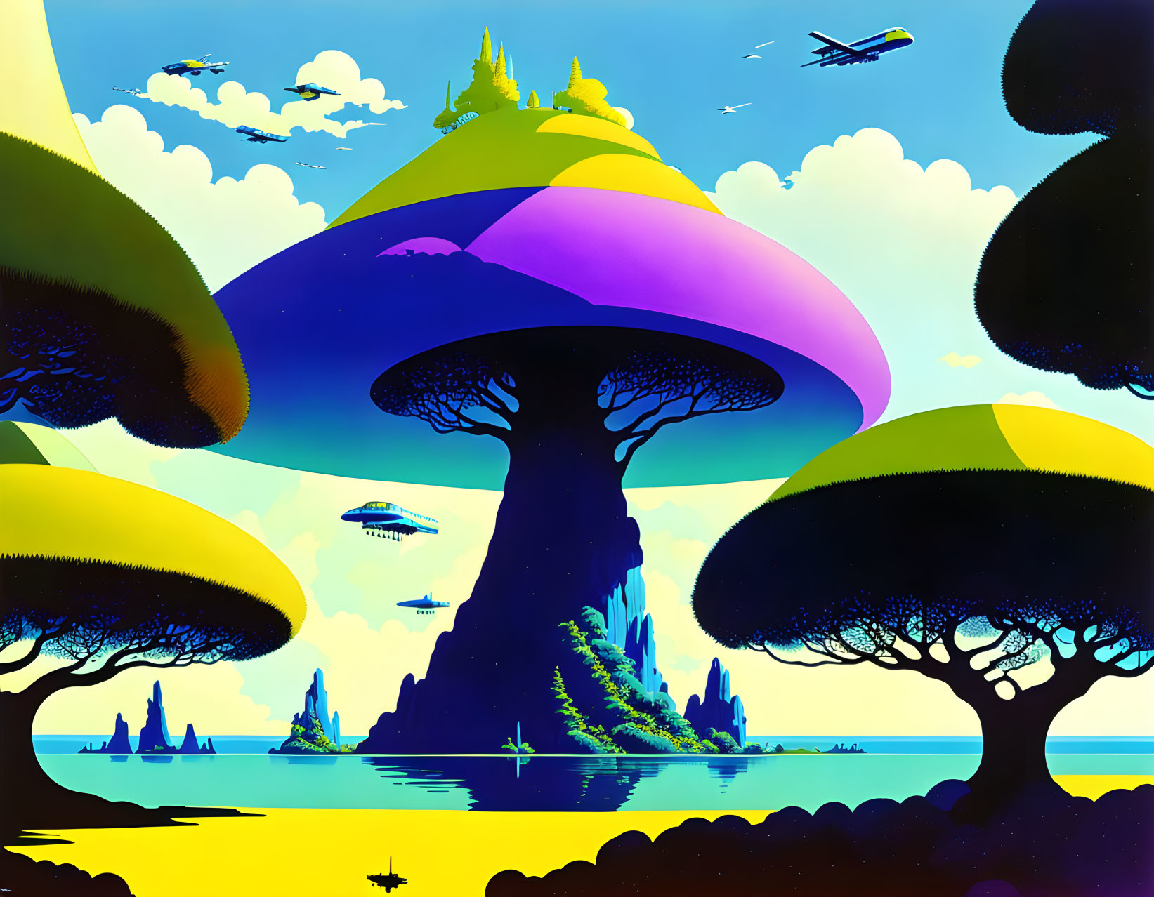 Fantastical landscape with oversized mushroom trees and futuristic airships