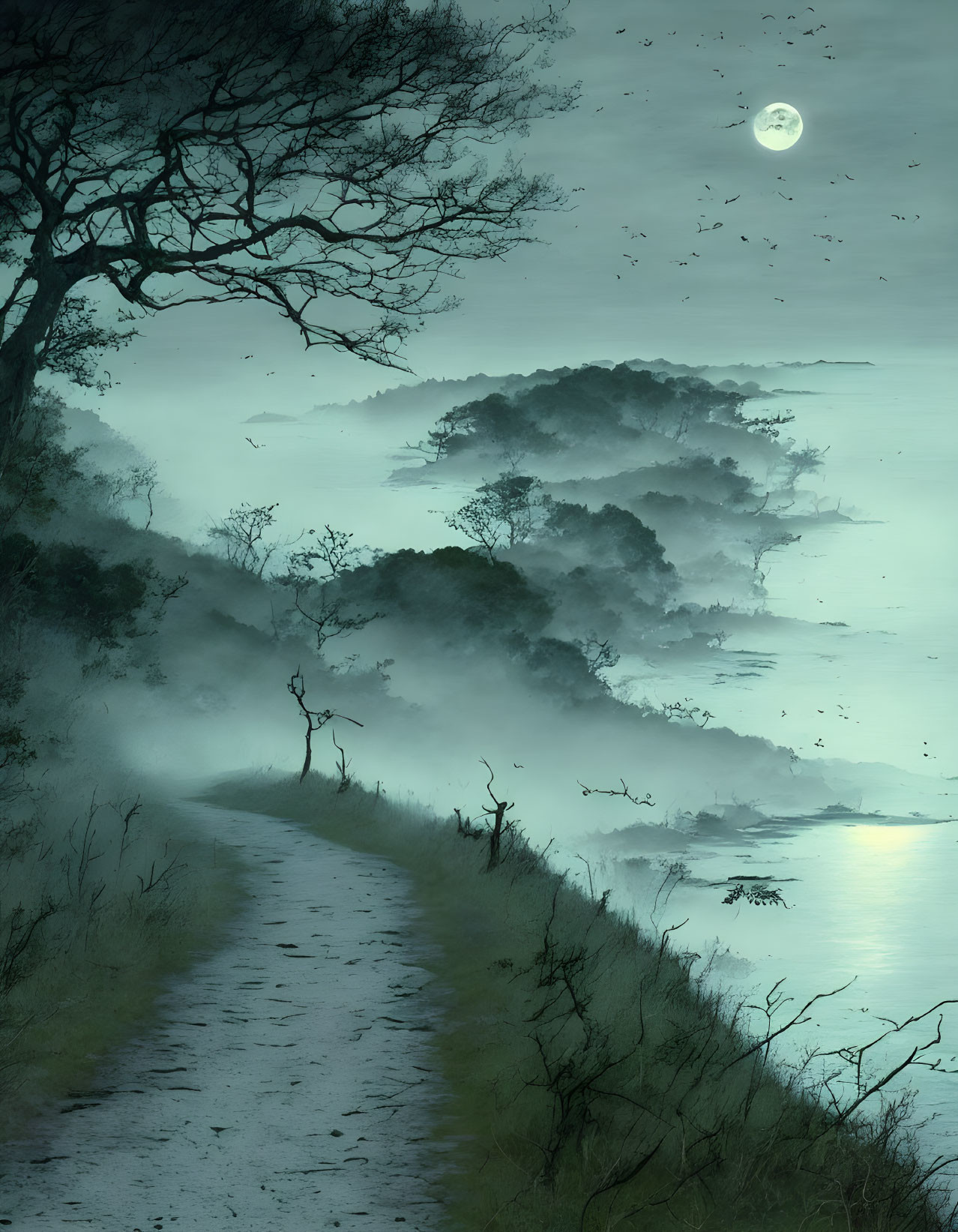 Moonlit Lake Scene: Tranquil Path by Misty Waters