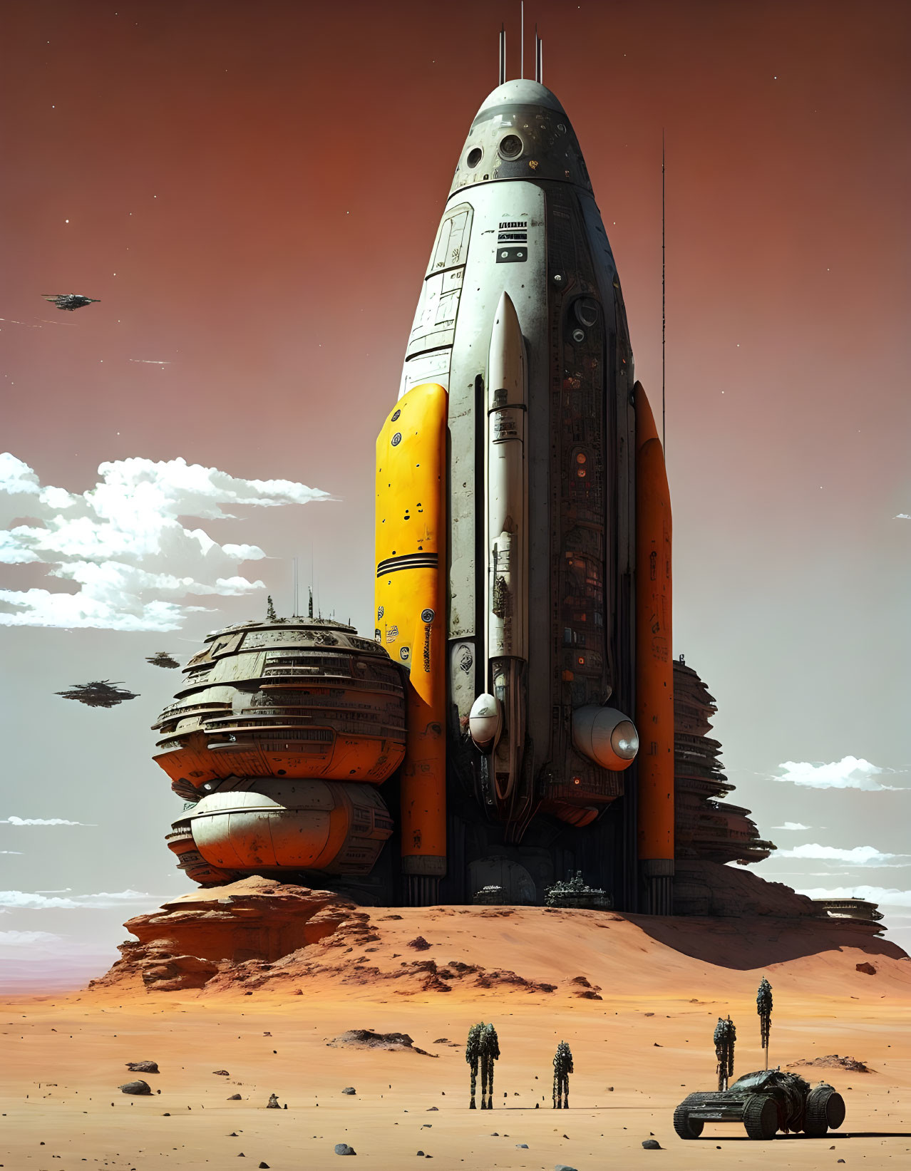 Futuristic spacecraft on desert landscape with figures in spacesuits