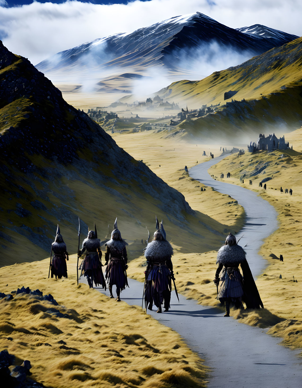 Armored riders on horseback in lush mountain valley