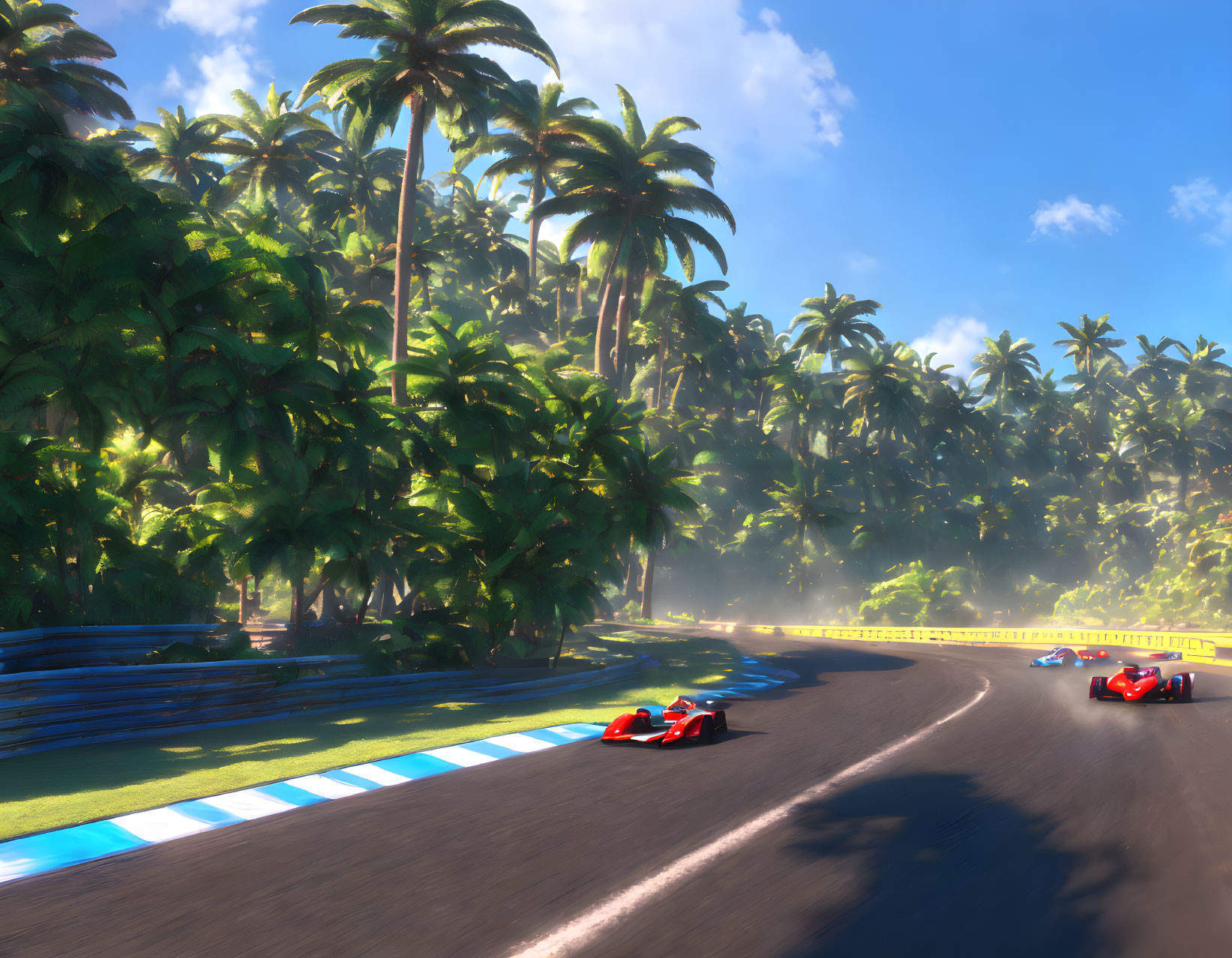 Tropical racing scene with two cars on curving track