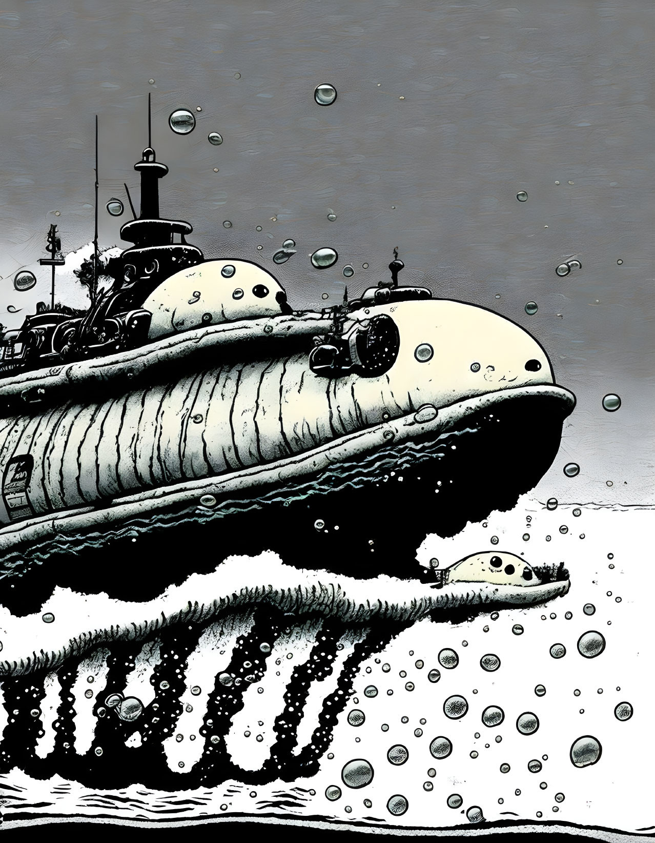 Detailed submarine surfacing with water cascading, air bubbles, grey background