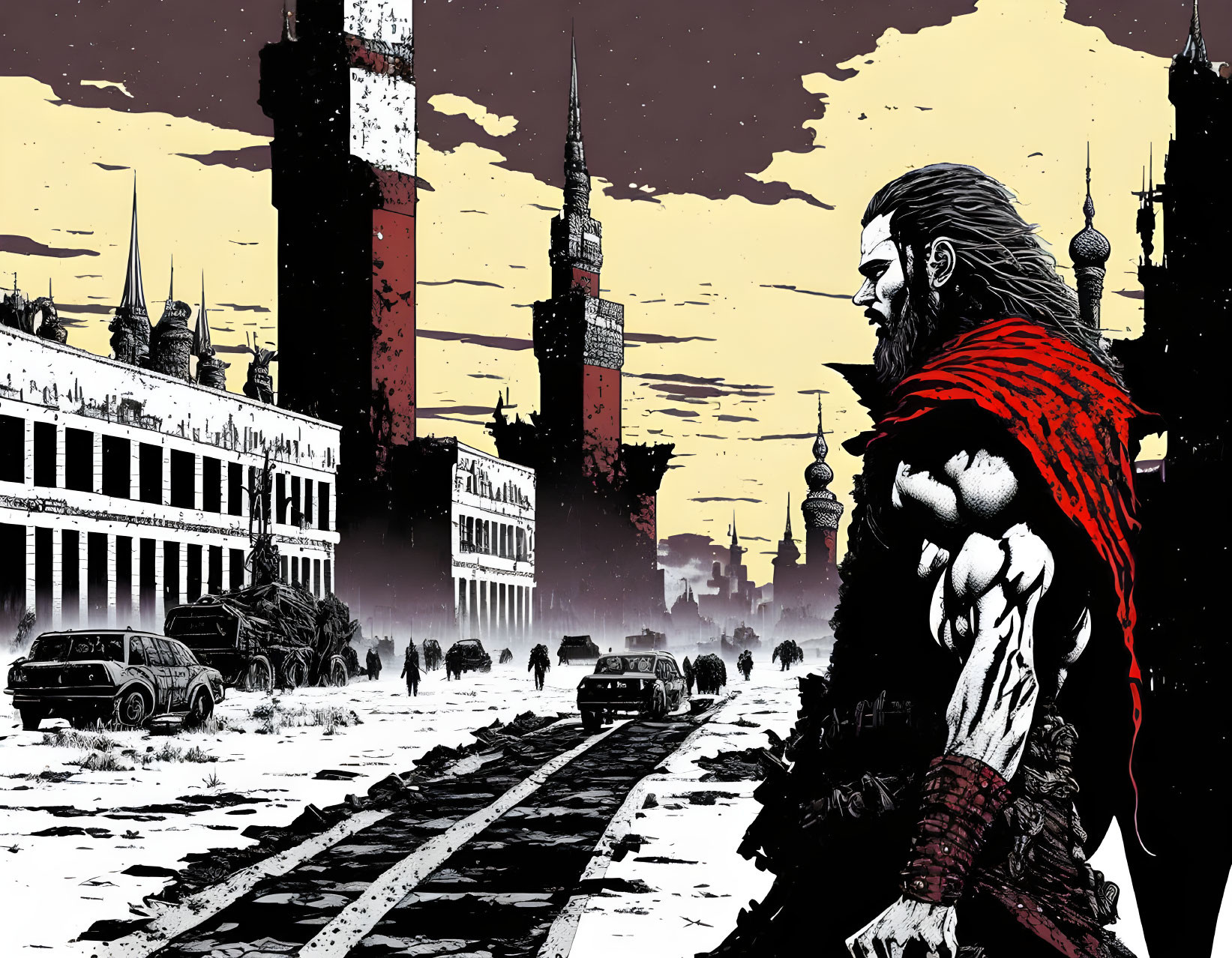 Man with Long Hair and Red Cape in Desolate Cityscape