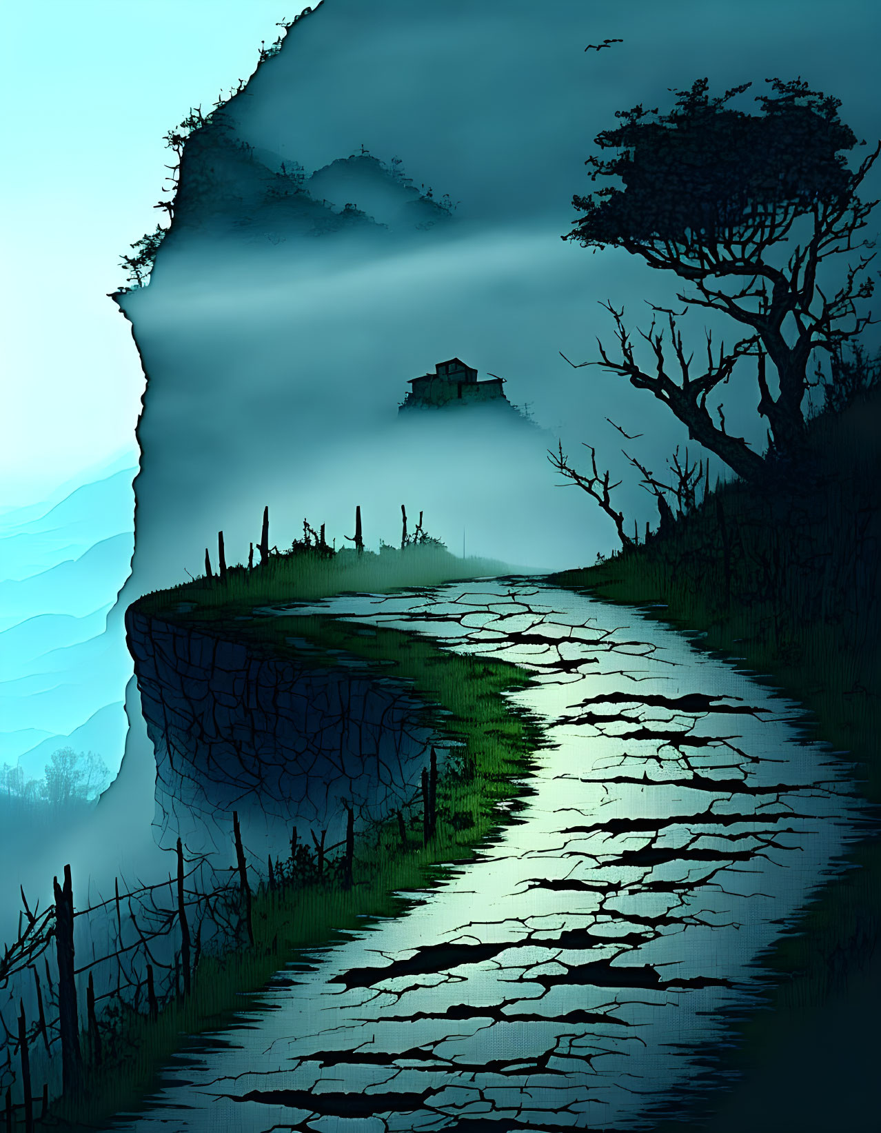 Twilight scene: Cliff-side cottage on winding path with misty mountain backdrop