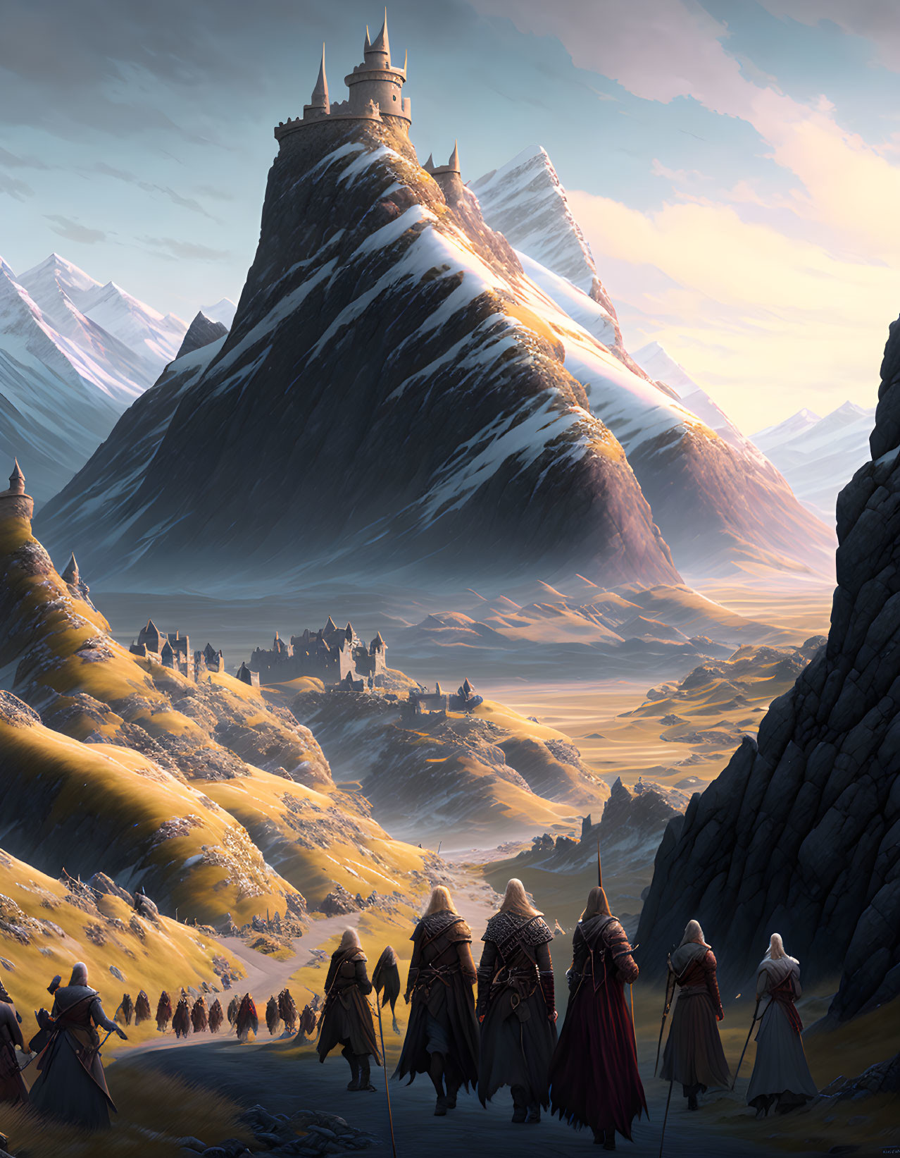 Medieval travelers near castle on sunlit mountain