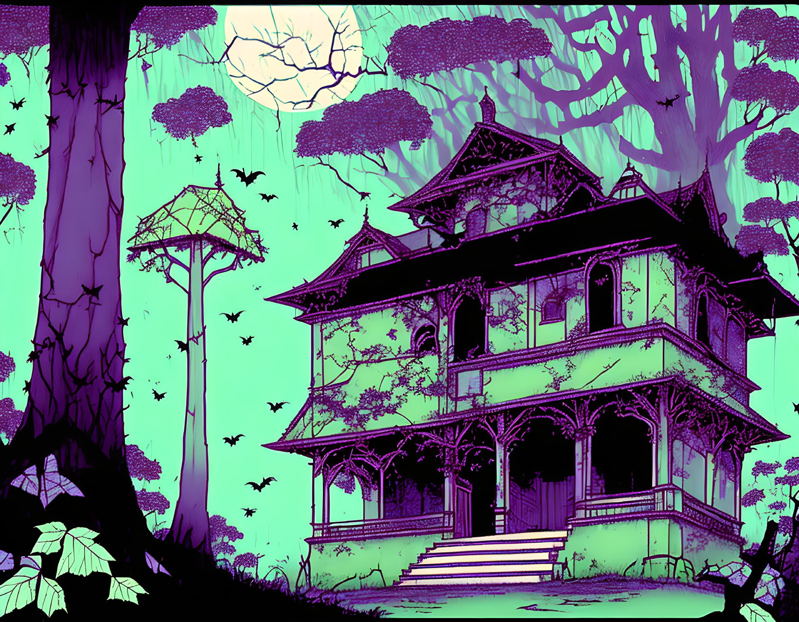 Eerie stylized illustration: Haunted Victorian house, twisted trees, bats, purple sky