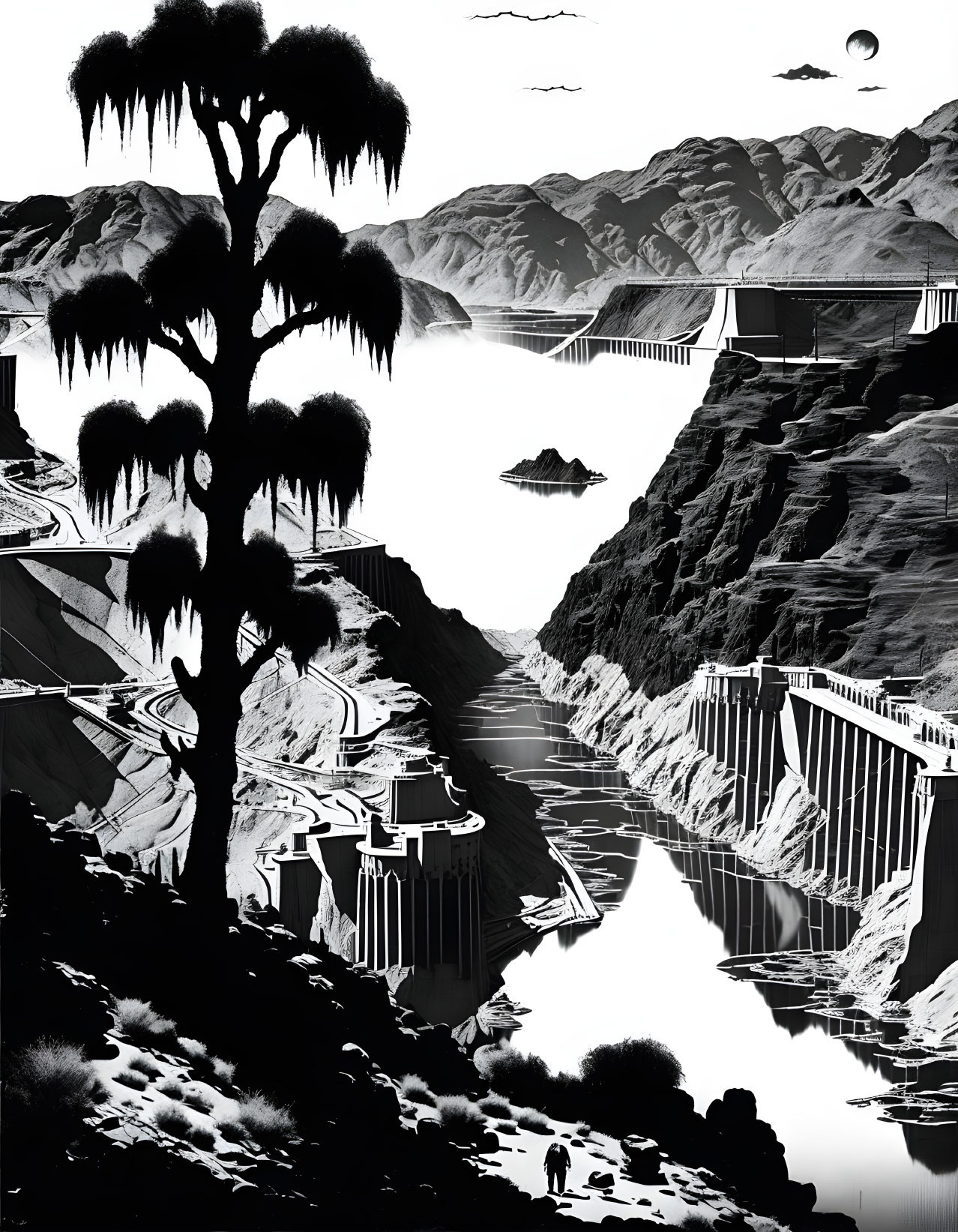 Monochromatic illustration of river gorge with dams, bridges, figures, tree, and sky with two