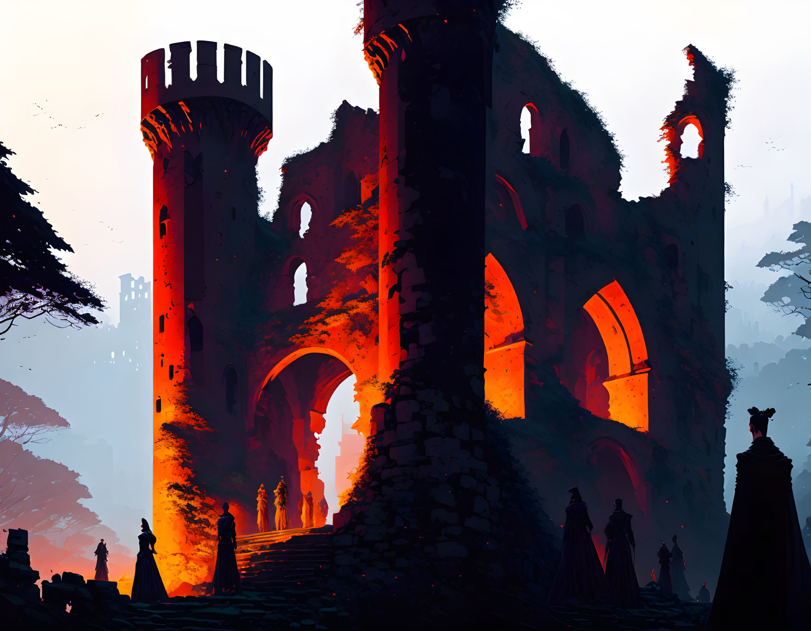 Silhouetted figures in front of majestic sunlit castle ruins