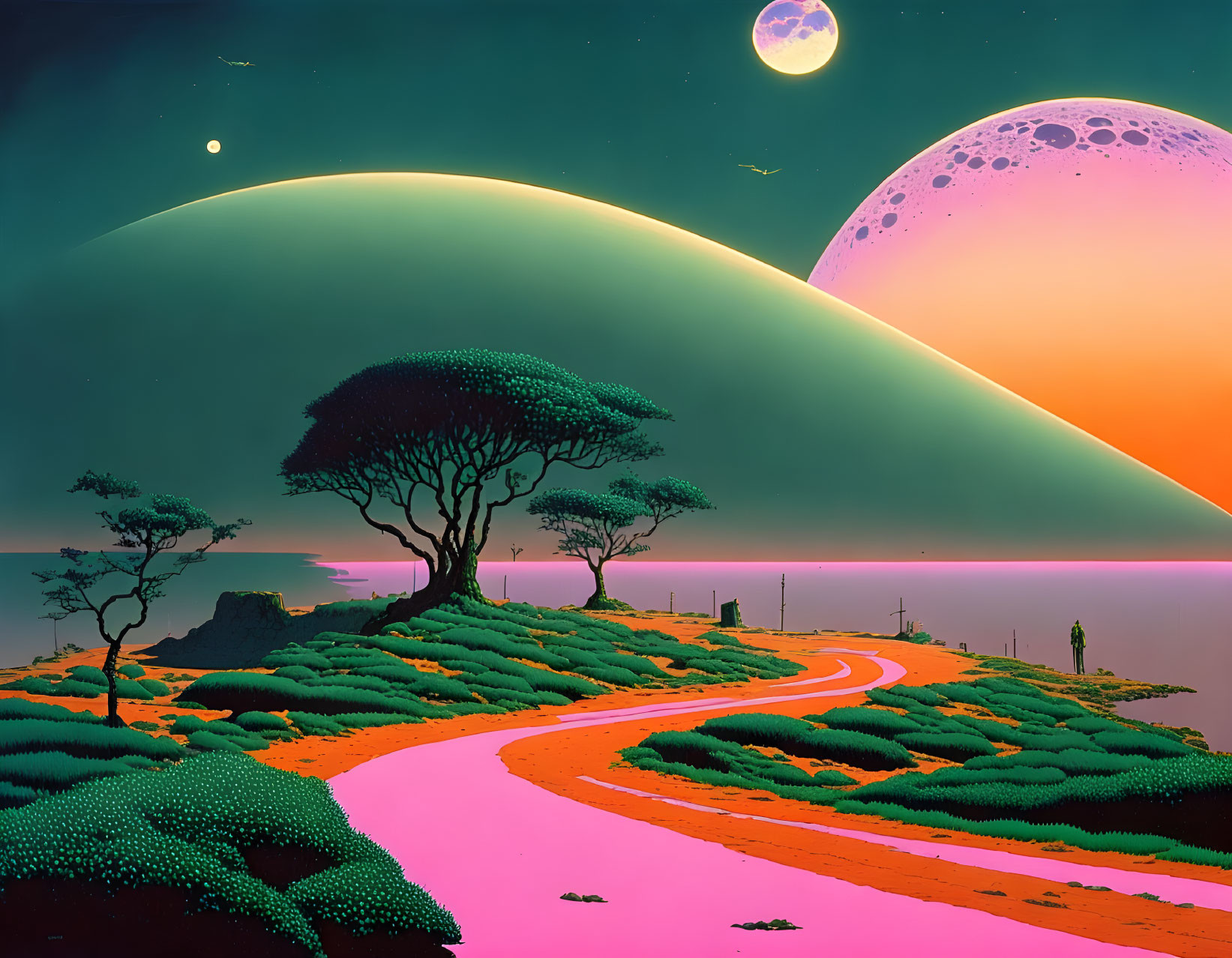 Colorful sci-fi landscape with pink path, exotic trees, moons, and starry sky.